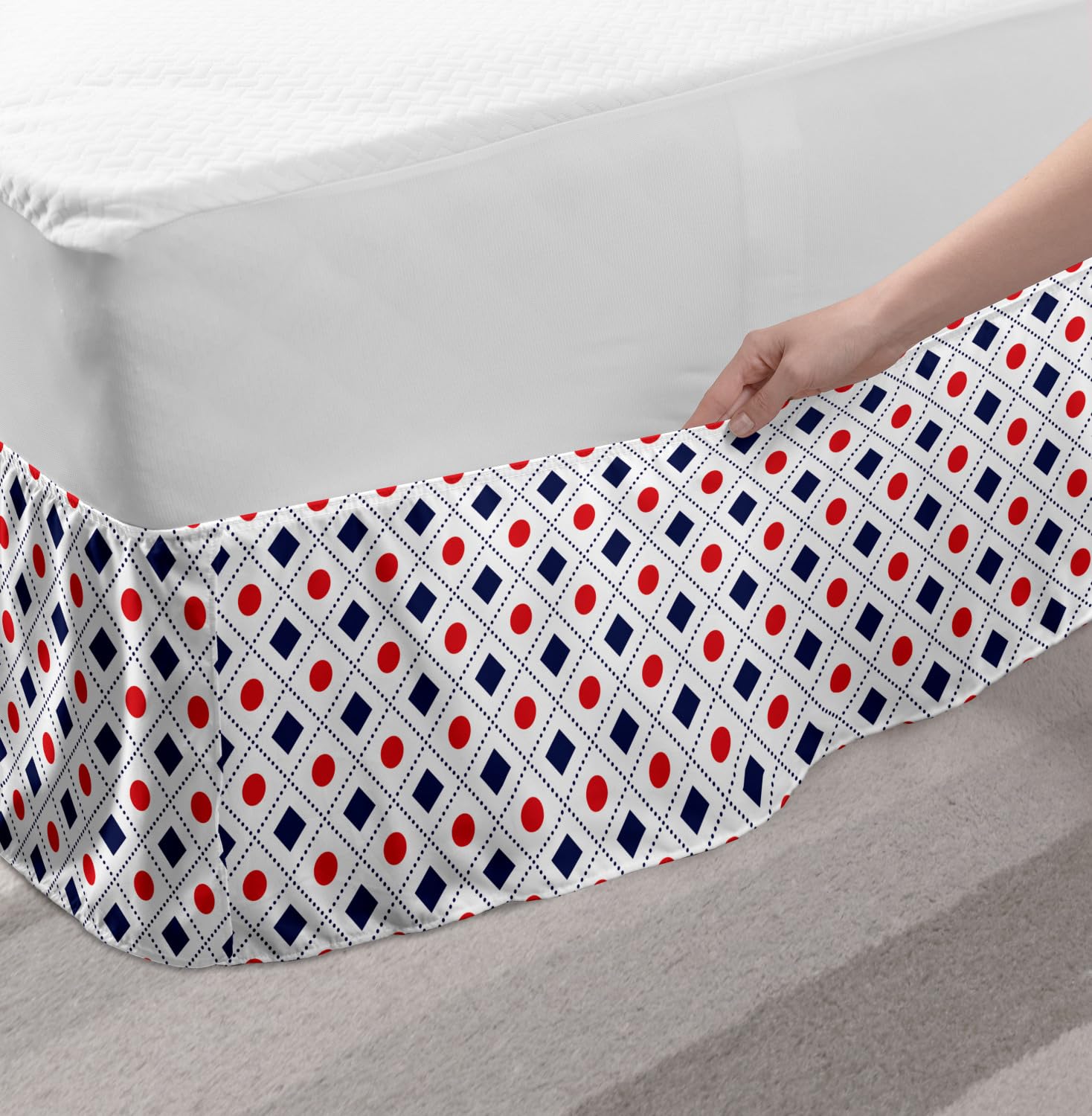 Ambesonne Navy Blue & Red Elastic Bed Skirt - Geometric Tile Print with Big Red Dots, Squares & Dashed Lines - Wrap Around Dust Ruffle for Twin/Twin XL Beds - Perfect for Modern Bedroom Decor & Guest Room Styling