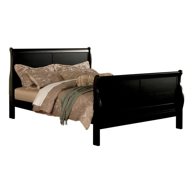Benjara Eastern King Bed with Sleigh Headboard & Footboard - Black Paneled Wooden Bed Frame for Master Bedroom Elegance