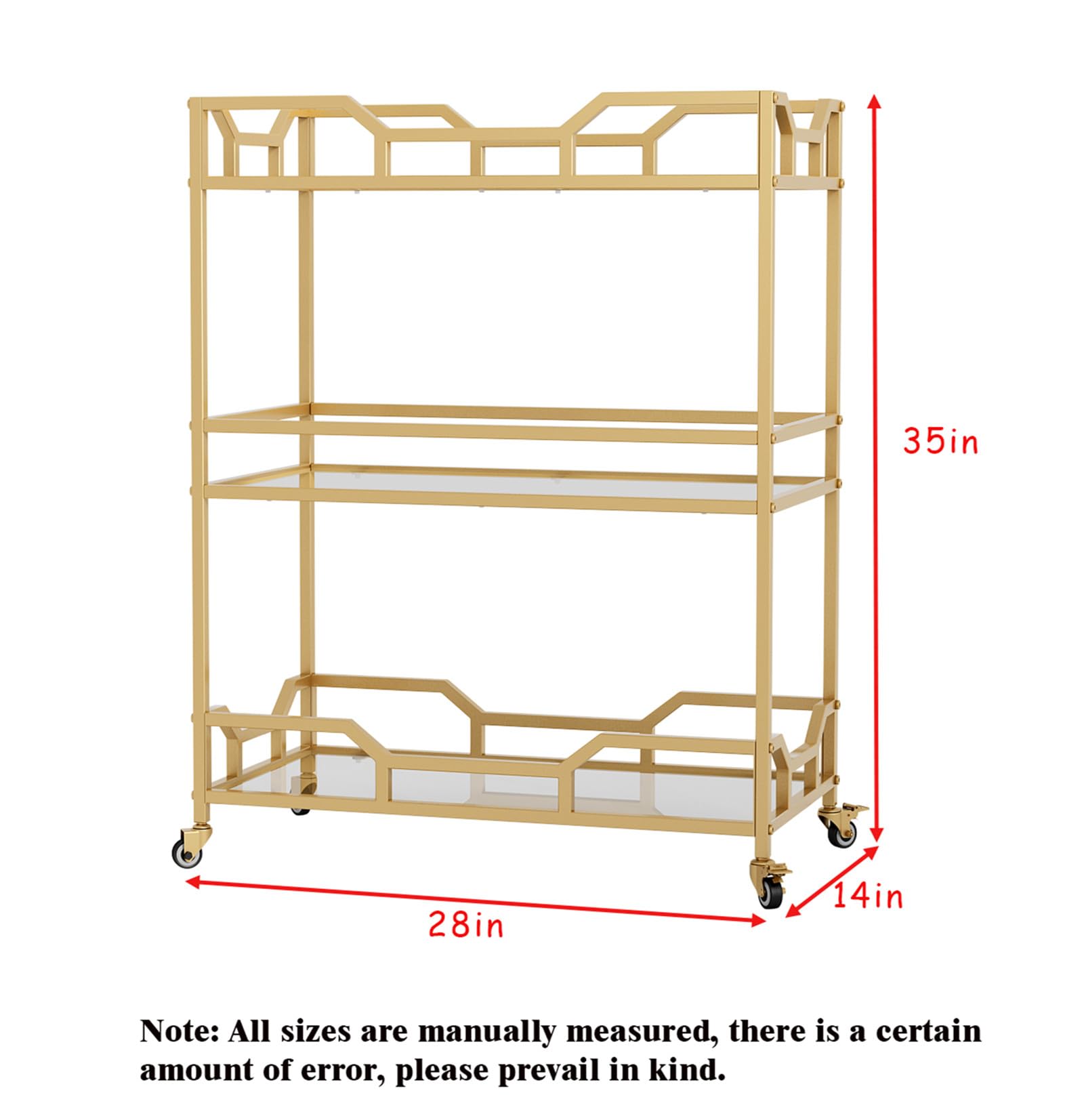 3-Tier Square Gold Bar Cart with Glass Shelves & Wheels - Mobile Serving Cart for Kitchen, Bar, Dining Room | Perfect for Entertaining, Cocktail Parties & Small Space Storage