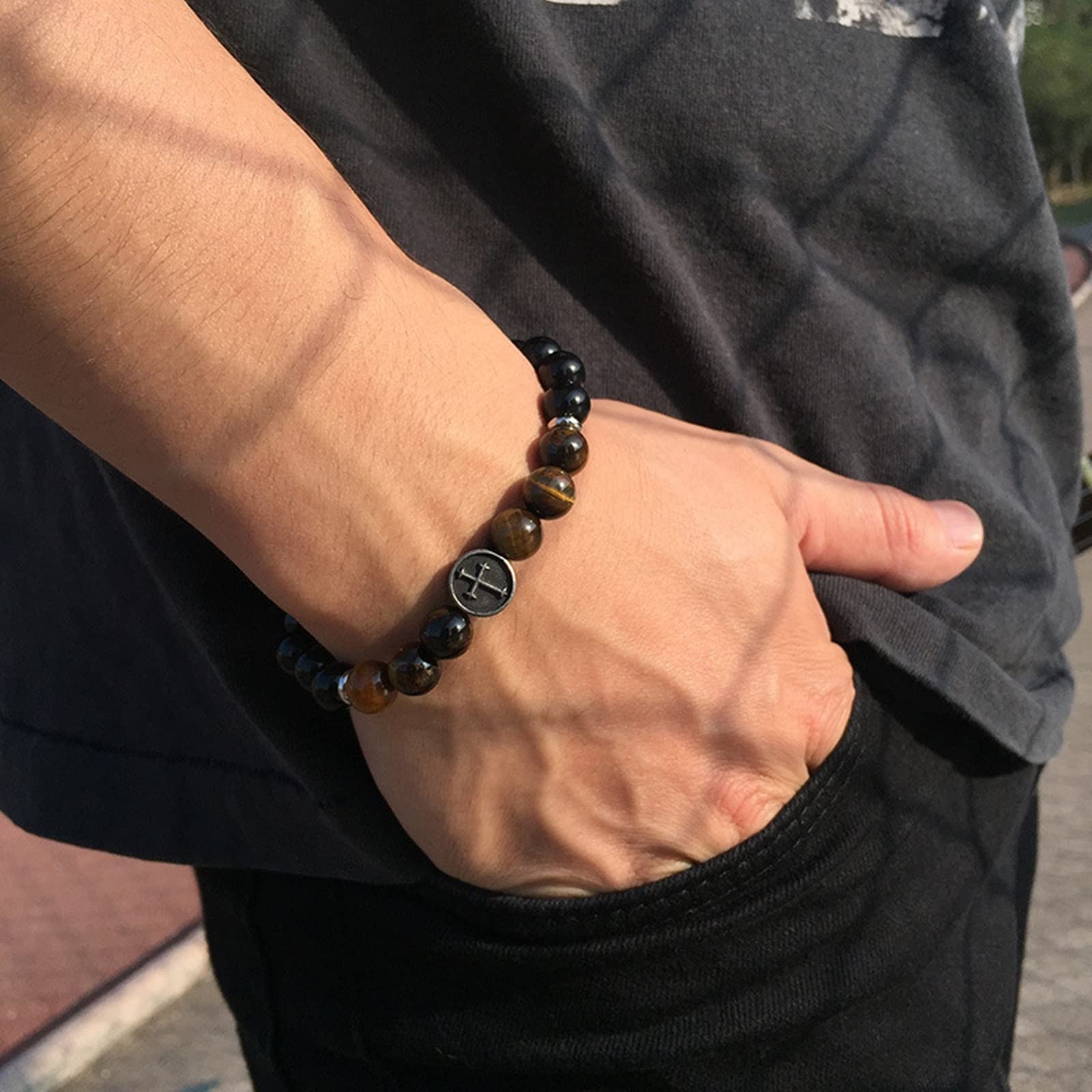 Men's Beaded Bracelet - Black Tiger Eye & Agate Stone Beads with Stainless Steel Clasp - Adjustable 16.5cm Ankle or Wrist Bracelet for Men - Perfect for Casual Wear, Gifts & Spiritual Protection