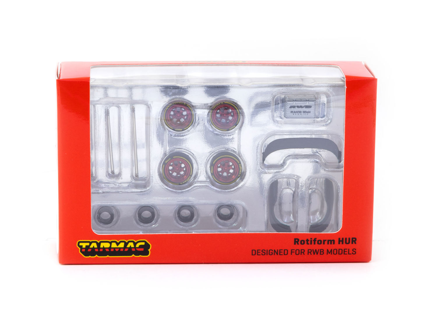 Tarmac Works 1/64 Scale Rotiform HUR Chrome Red Alloy Wheels - Premium Diecast Car Accessories for Collectors & Model Enthusiasts - Perfect for Display Cases, Dioramas & Custom Builds