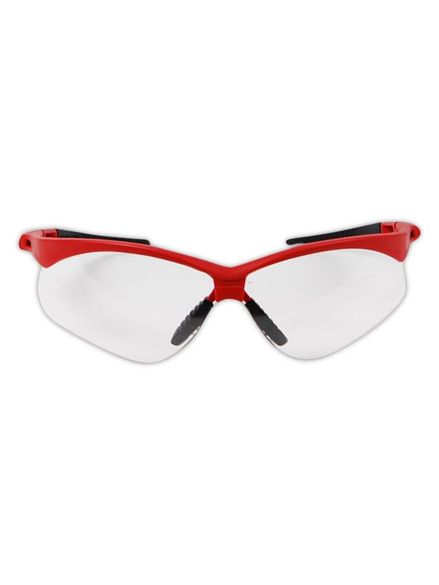 Wraparound Safety Glasses - 24 Pack Red Frame with Clear Lens | Hard Coated Lightweight Sports Safety Eyewear with Soft TPR Nose Pad & Temple Tips | Ideal for Construction, Woodworking, Cycling & Outdoor Activities