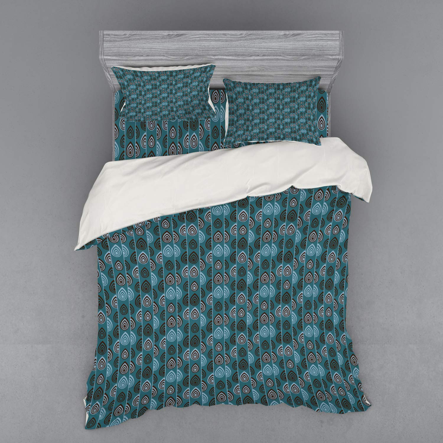 Ambesonne Ethnic Duvet Cover Set | Striped Hand-Drawn Traditional Ornament Pattern | 4-Piece Queen Size Bedding Set with Shams & Fitted Sheet | Teal Blue-Grey Dark Brown | Perfect for Bohemian & Eclectic Bedroom Decor