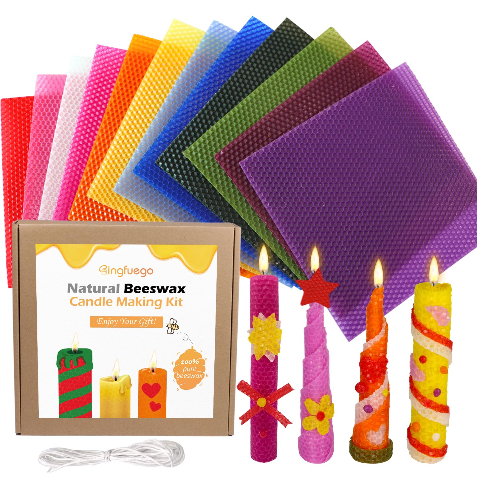 Bingfuego Kids Beeswax Candle Making Kit - 12 Natural Beeswax Sheets for DIY Candle Rolling (8x8 Inch, Vibrant Colors) - Perfect for Birthday Gifts, Arts & Crafts, and Family Bonding Activities