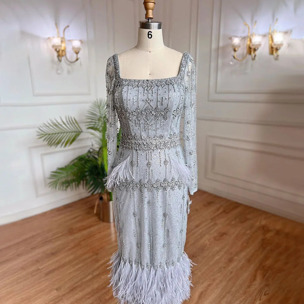 Elegant Silver Gray Mermaid Tea Length Evening Dress with Feathers - LA71669L - Perfect for Prom, Cocktail Parties & Formal Events