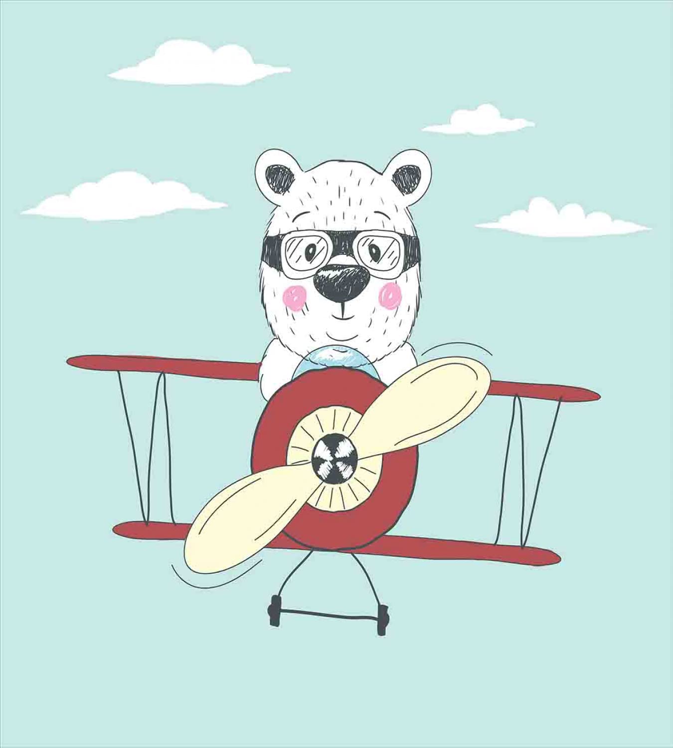 Ambesonne Cartoon Duvet Cover Set - Hand Drawn Pilot Bear Flying Airplane Sky Design | Funny Bedding Set Includes 2 Duvet Covers & 4 Pillowcases | 2-Pack California King Size in Pale Blue, Cream & Ruby | Perfect for Kids' Rooms, Themed Bedrooms & Aviation Enthusiasts