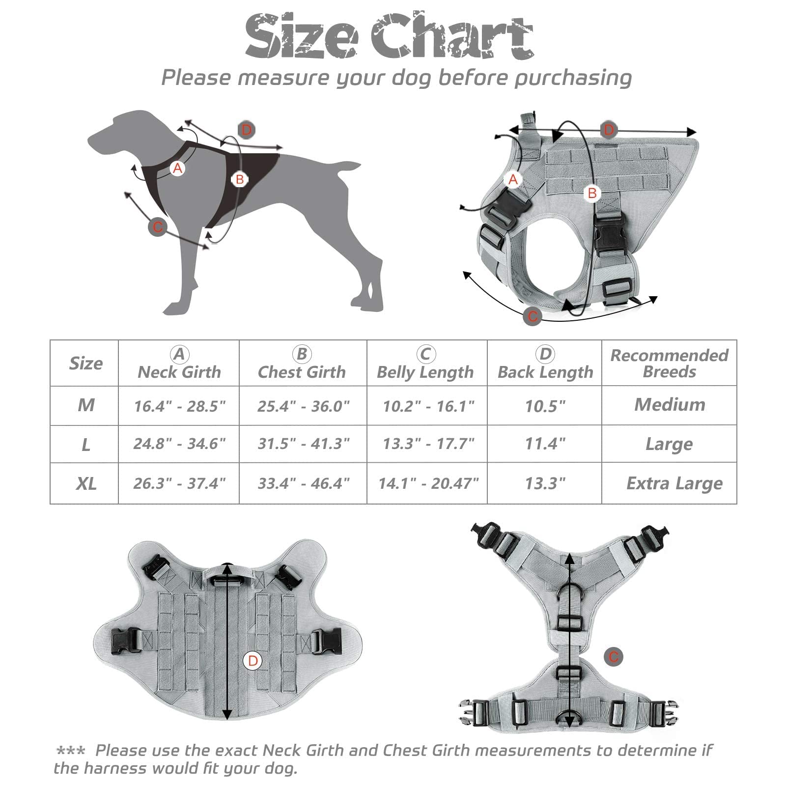 Rabbitgoo Heavy Duty Tactical Dog Harness for Large Breeds - Adjustable No-Pull Service Dog Vest with Handle for Training, Hunting & Walking (Grey, Size L) - Perfect for Outdoor Adventures, Police K9 Work & Daily Walks