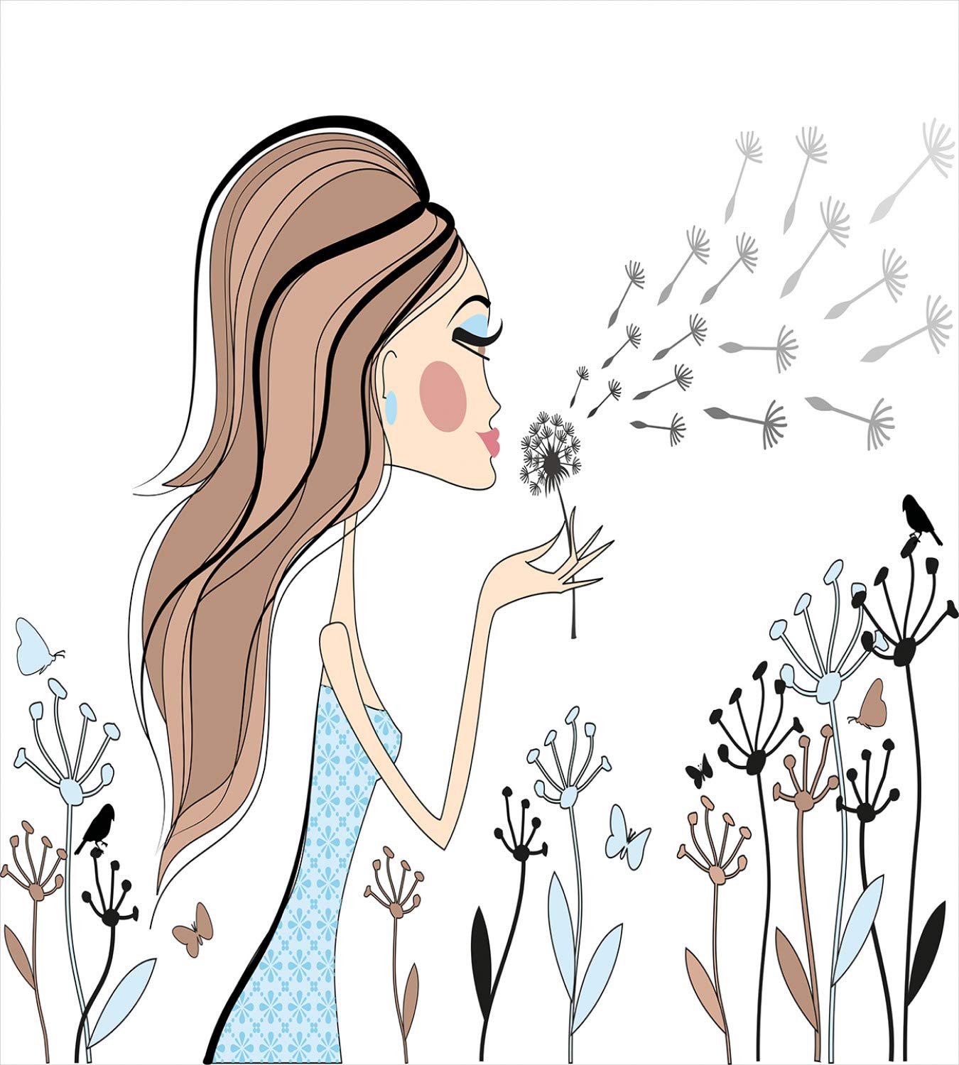 Ambesonne Retro Duvet Cover Set - Fashion Woman with Dandelion Flower Spring Wind Garden Sketchy Illustration, 3-Piece King Size Bedding Set with 2 Pillow Shams in Warm Taupe & Blue | Perfect for Bohemian Bedroom Decor, Guest Room Makeover & Cozy Home Styling