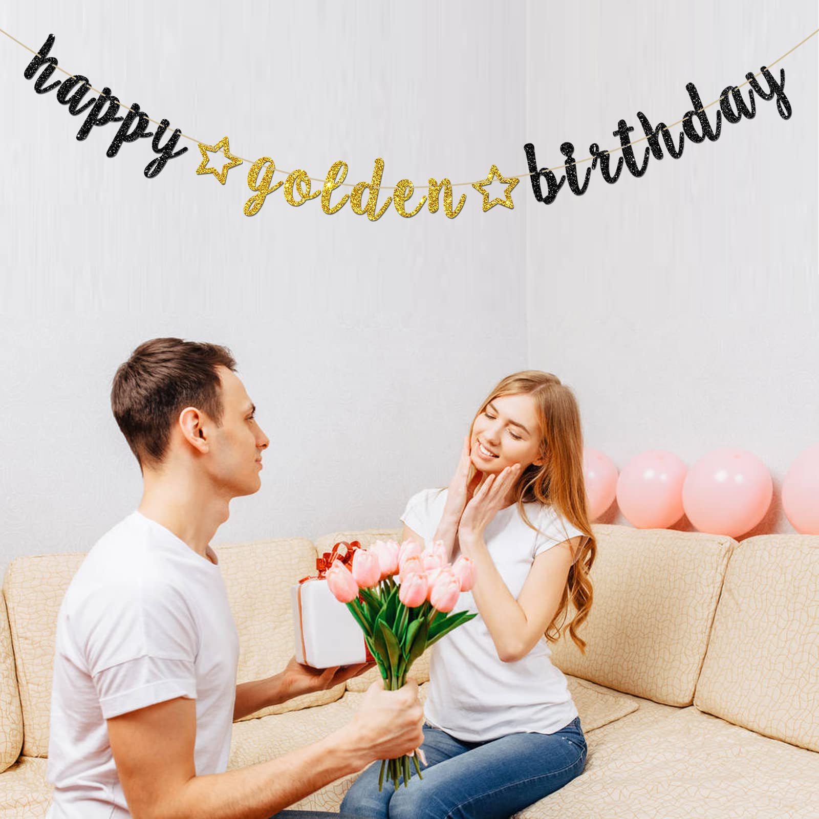 INNORU Happy Golden Birthday Banner - Black Gold Glitter Party Decorations for Kids & Adults | Birthday Party Supplies, Bunting Decor | Perfect for Birthday Celebrations, Baby Showers & Anniversary Parties