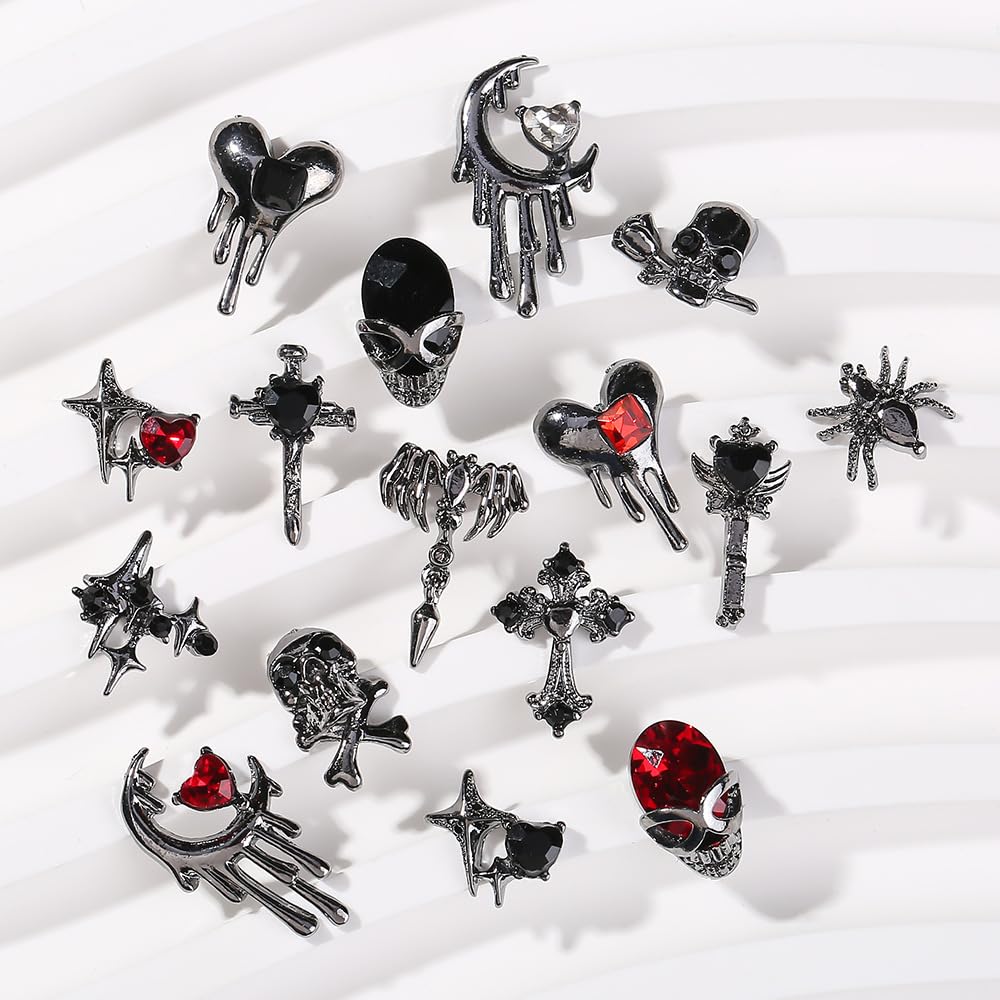32 PCS Halloween Nail Charms - 3D Alloy Spider Skull Nail Art Decorations for Acrylic Nails, Dark Black Cross Moon Nail Gems - DIY Nail Jewelry for Women | Perfect for Halloween Parties, Costume Nail Art & Spooky Nail Designs