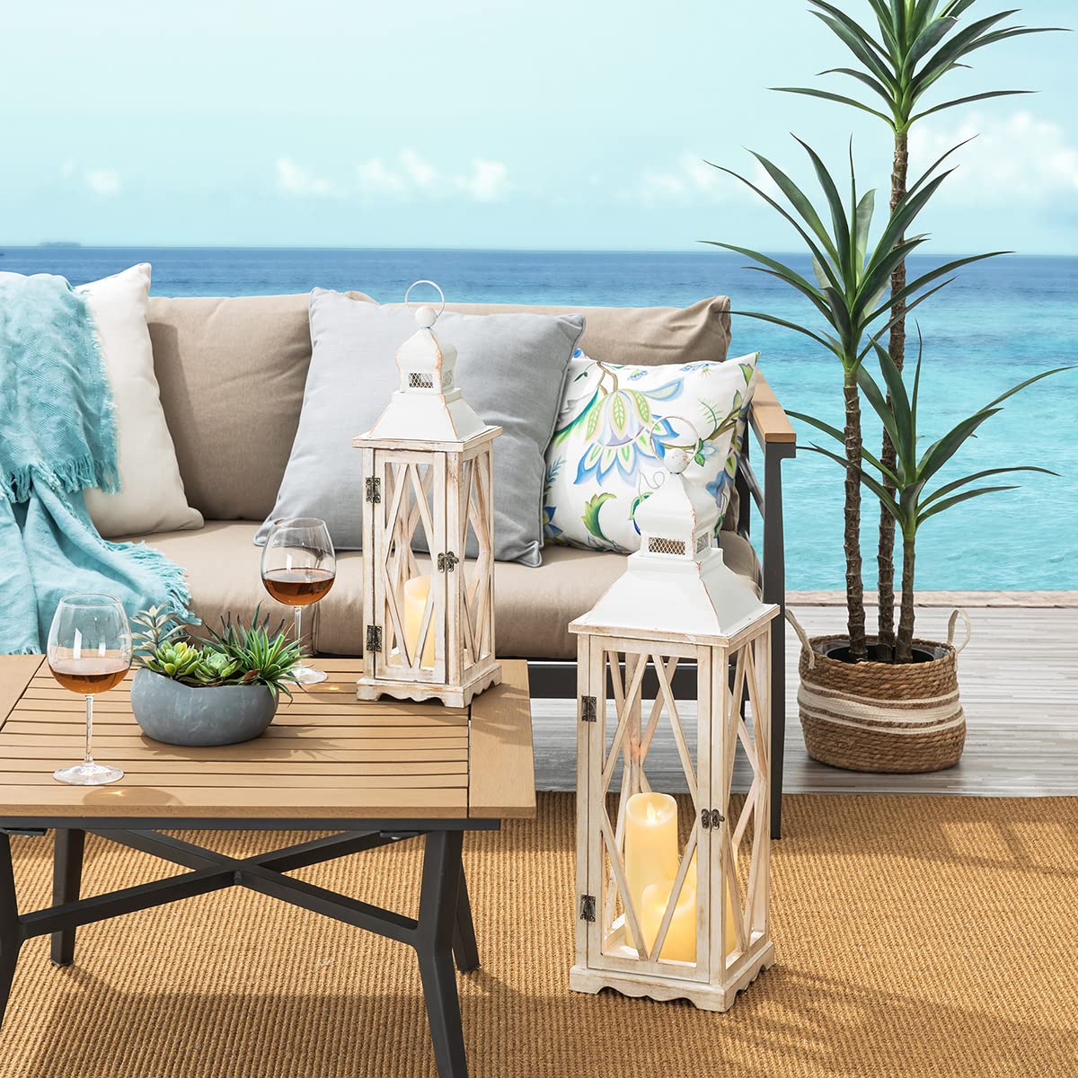 Glitzhome Farmhouse White Wood and Metal Hanging Candle Lanterns - Set of 2 Rustic Home Decor for Indoor/Outdoor, Patio, Garden, Wedding & Holiday Decorations