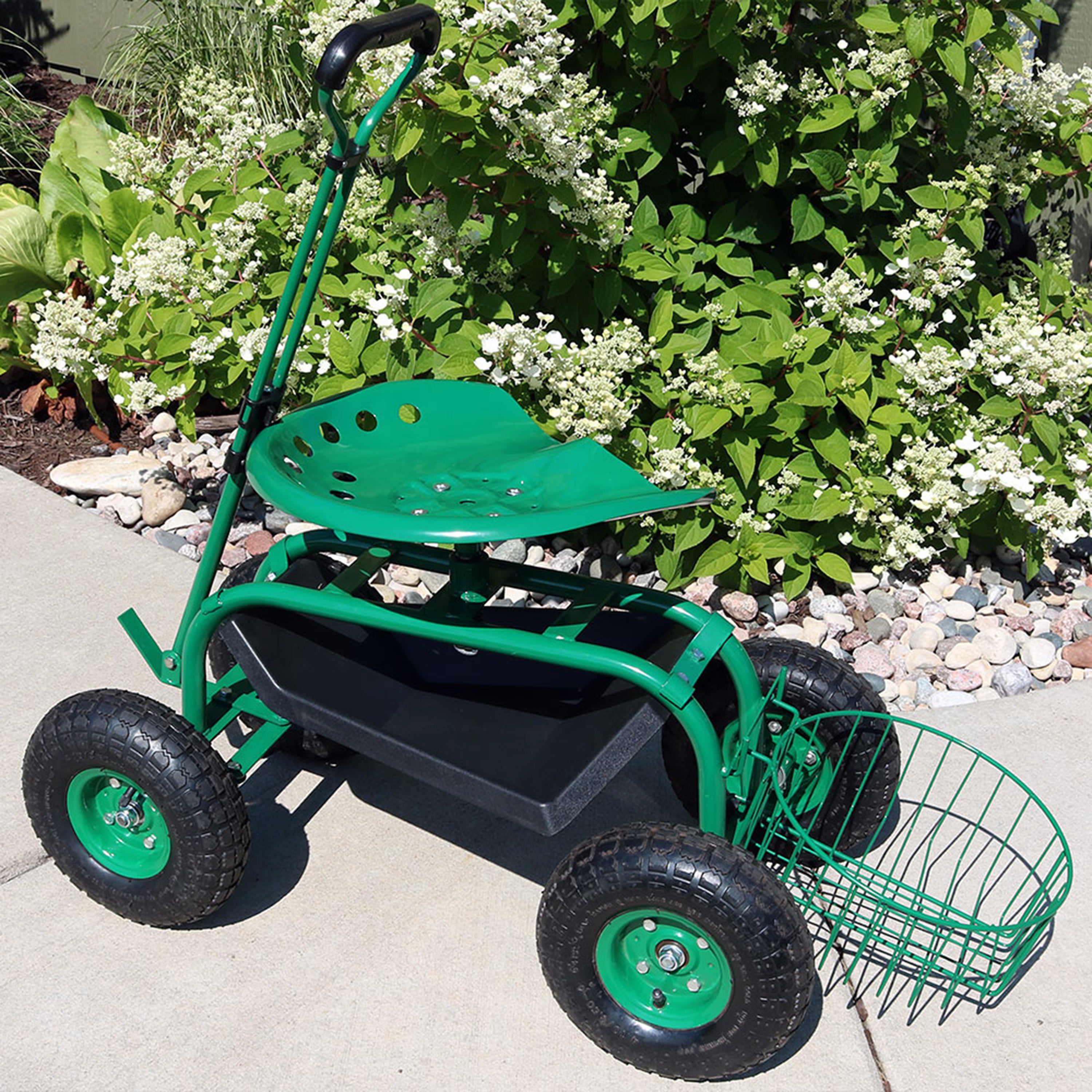 Sunnydaze Rolling Garden Cart with Swivel Seat, Handle & Basket - Heavy Duty Outdoor Utility Wagon for Gardening, Landscaping & Yard Work