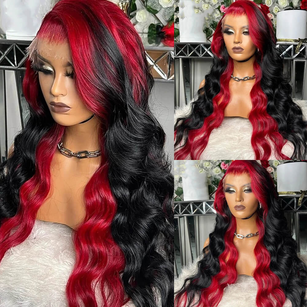 Eullair Red Roots Body Wave Straight Lace Front Human Hair Wig - Natural Inner Red Color | Perfect for Cosplay, Parties & Daily Wear