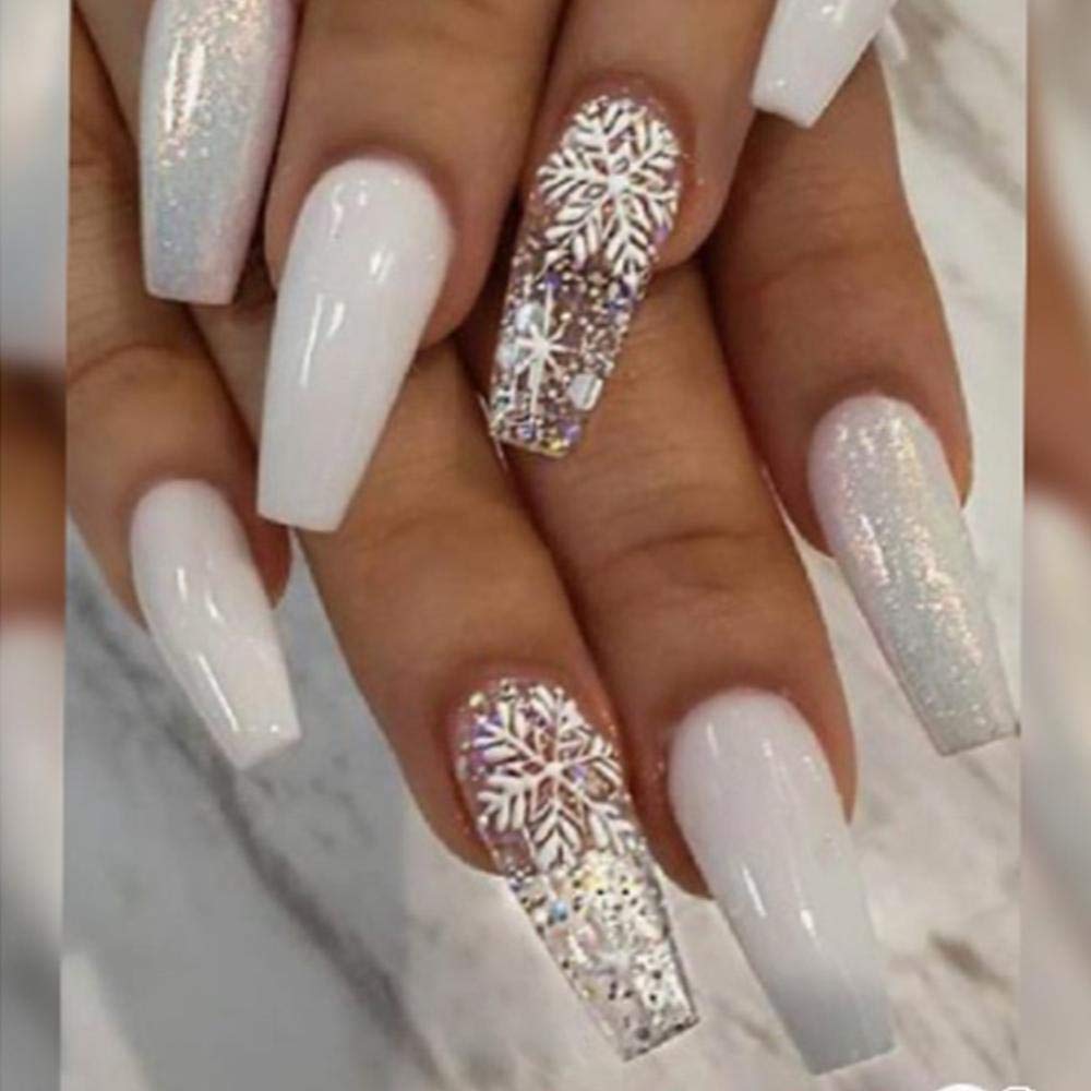 CSCH False Nails - Winter Snowflake Silver Press On Nails | Waterproof & Removable Fake Nails with Nail Stickers | Perfect for Christmas Parties, Holiday Events & Special Occasions