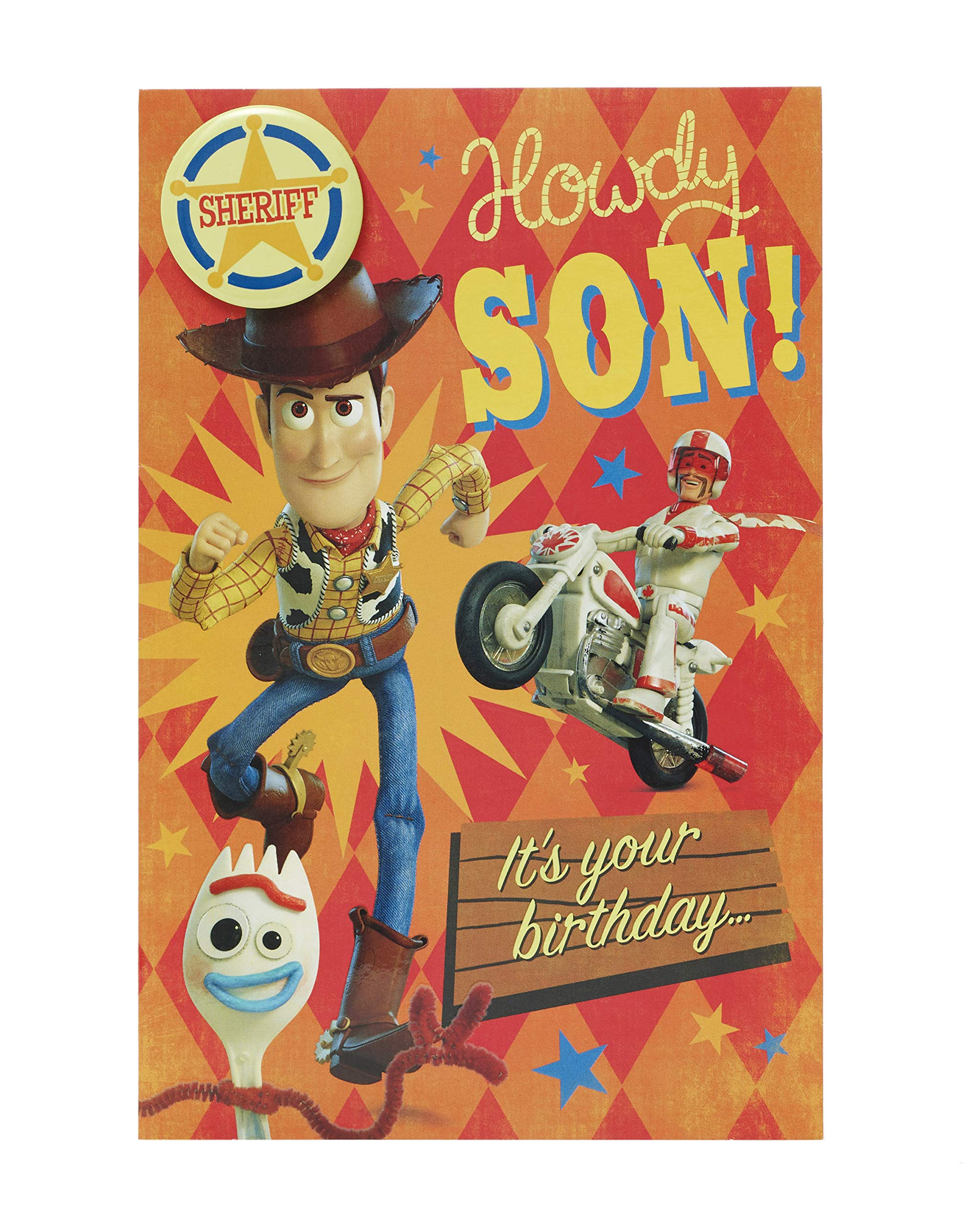 Disney Toy Story 4 Birthday Card for Son - Happy Birthday Greeting Card with Disney Badge - Perfect for Kids Birthday Parties & Special Celebrations