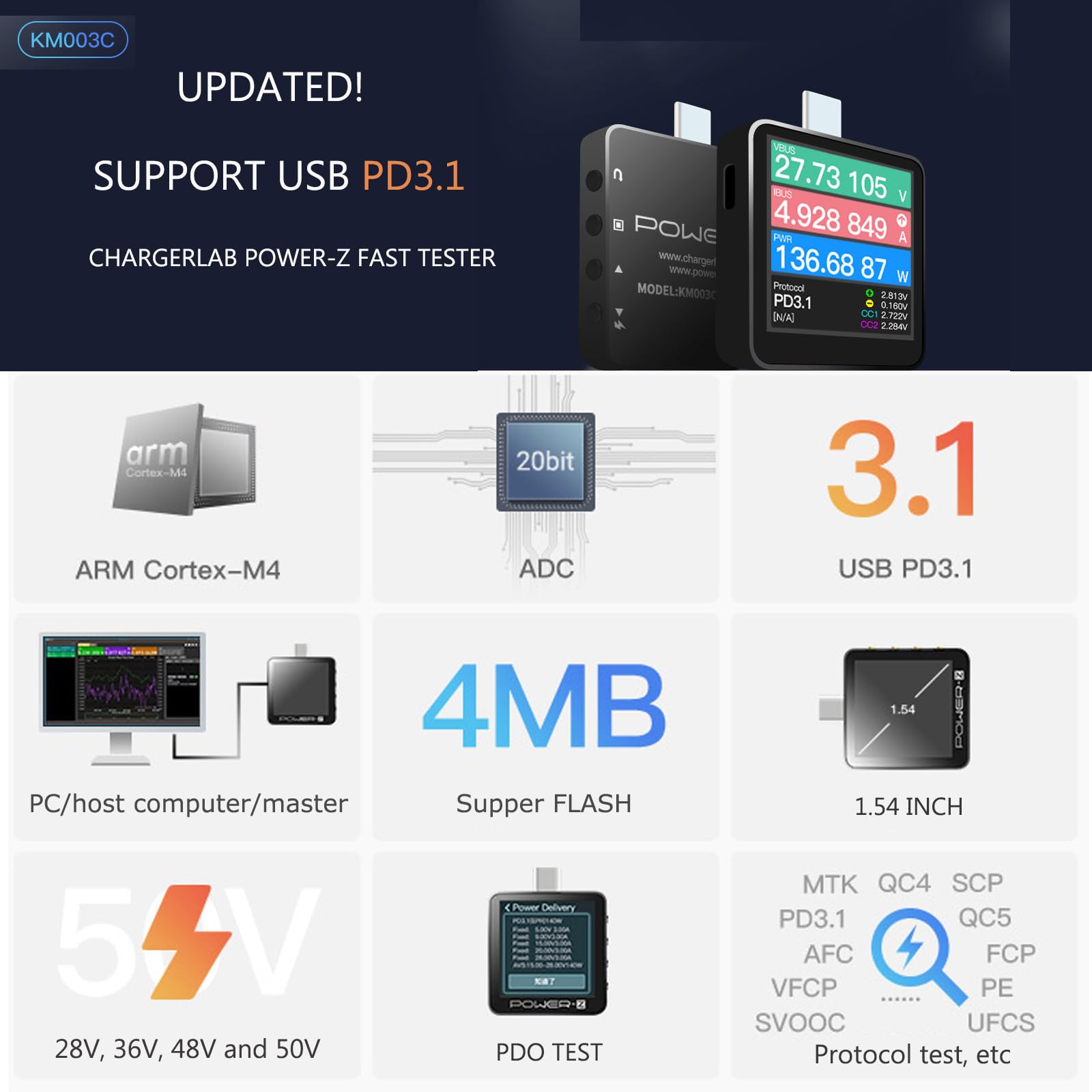 Power-Z KM003C USB-C Fast Charging Tester with Digital Voltmeter - PD3.1 QC5.0 Compatible for iPhone 15, MacBook, Galaxy S23 - Perfect for Tech Enthusiasts & Travel Charging Solutions