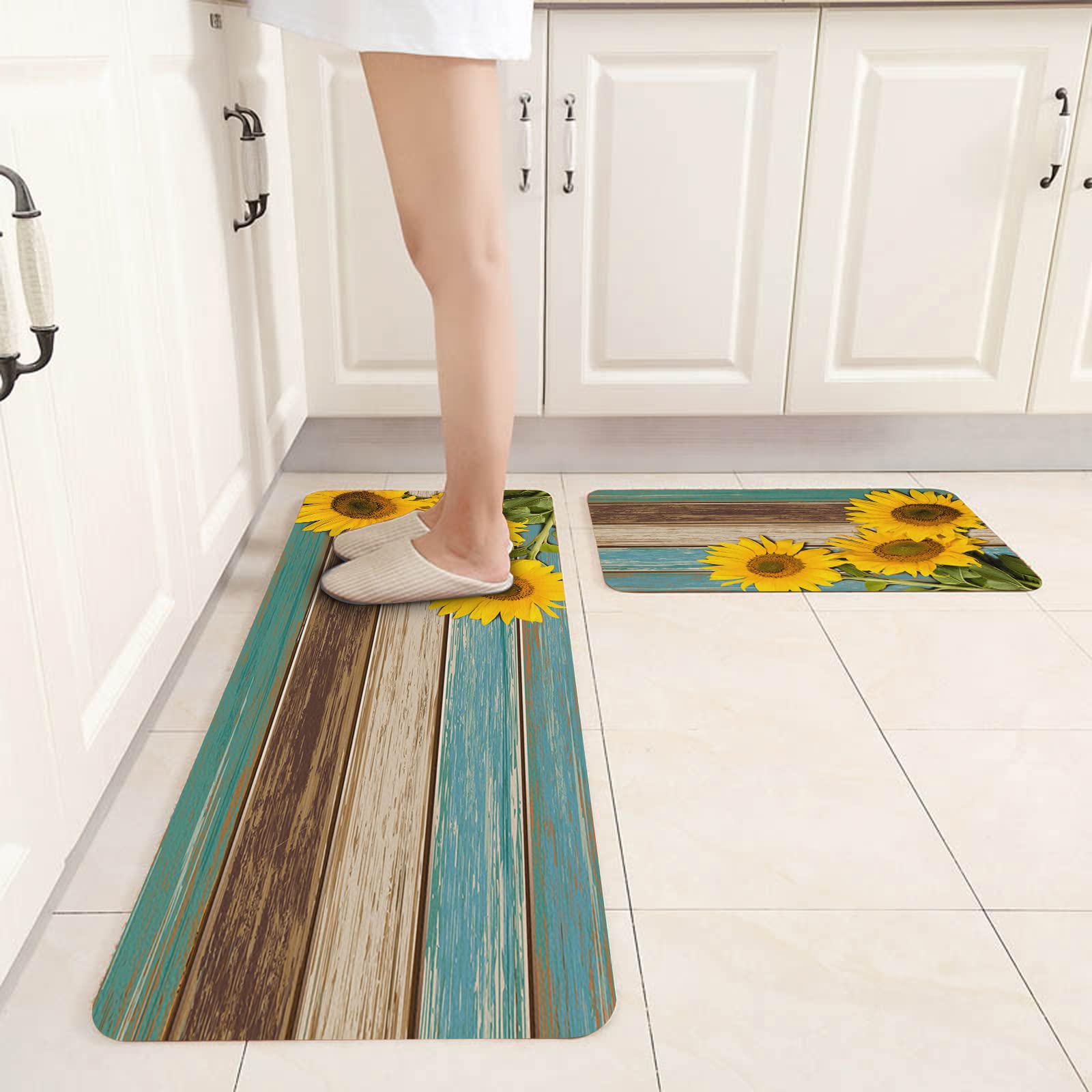 **Non-Slip Absorbent Kitchen Rugs & Mats – Soft Wooden Texture Sunflower Design (20x24 + 20x48) – Perfect for Kitchen, Living Room, Laundry, Sink & Office**    *(Use Scenarios: Ideal for high-traffic areas, spill-prone kitchens, cozy living rooms, laundry rooms, and home offices – adds comfort and style while preventing slips!)*