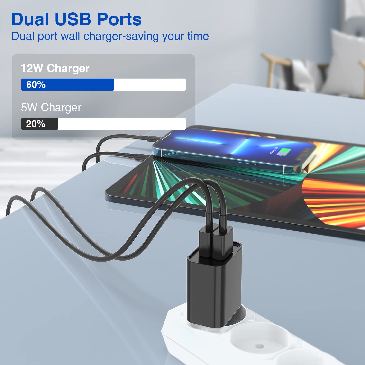 Apple MFi Certified 10ft USB Wall Charger & Lightning Cable - Fast Charging Block with 2 Ports for iPhone 12/11/XR/X/Xs/8/7/6/6s Plus/SE/5c/iPad - Perfect for Home, Office & Travel (Black)