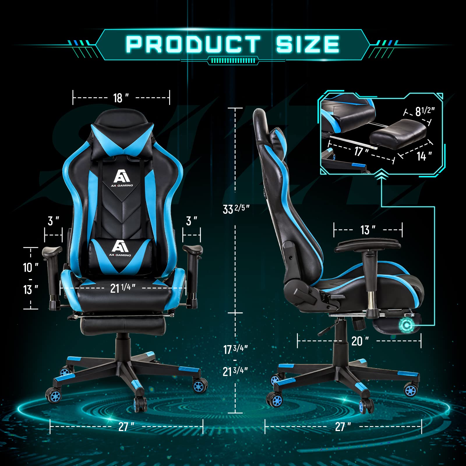 Premium Gaming Chair - High Back Ergonomic Racing Office Chair with Adjustable Height, Footrest & Lumbar Support - Swivel Computer Chair for PC Gaming, Streaming & Home Office (Black & Blue) - Perfect for Esports, Work from Home & Long Gaming Sessions