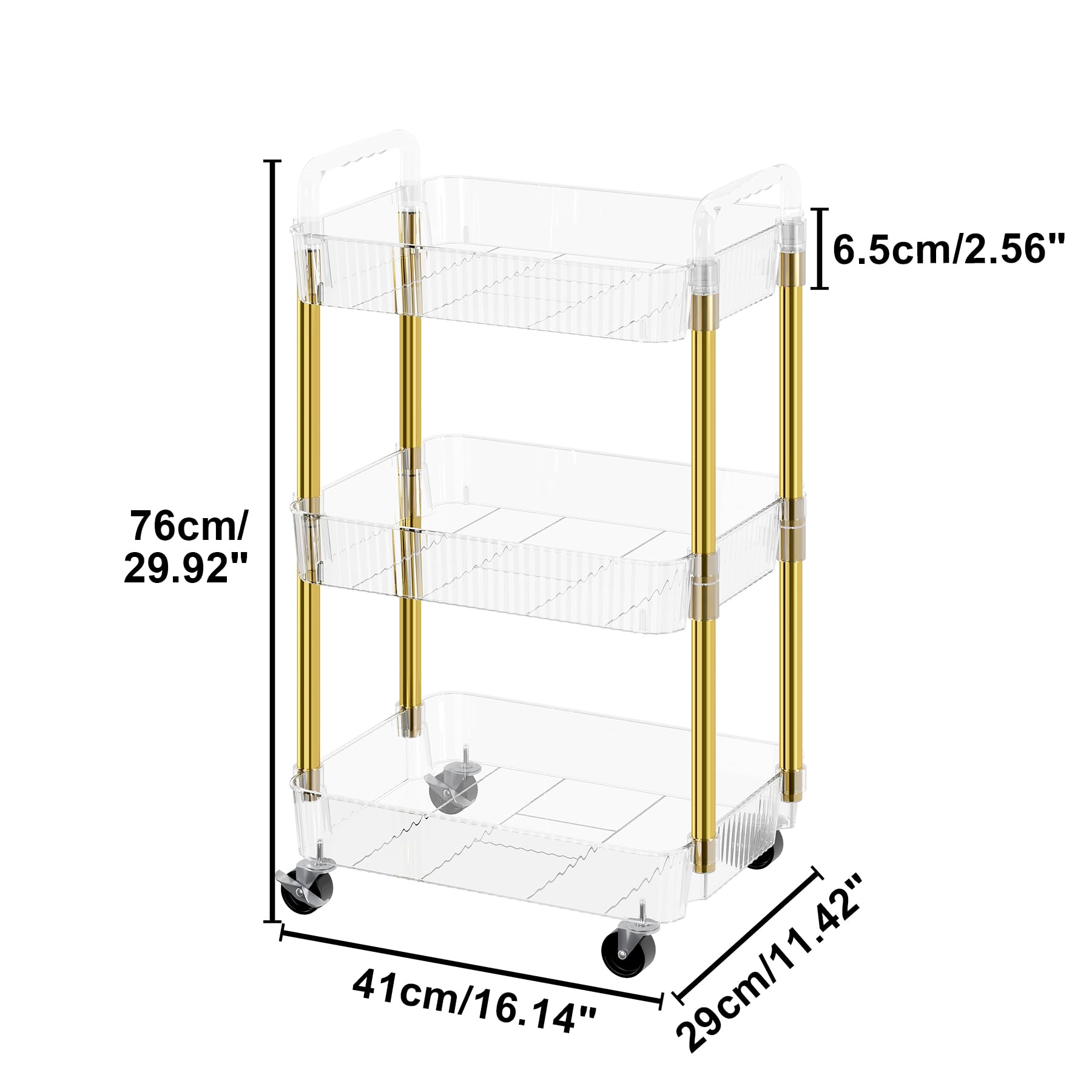 3-Tier Rolling Cart with Wheels - Sturdy Metal & PET Makeup Organizer, Snack Caddy for Kitchen, Bathroom, Office & Living Room - Golden Mobile Storage Cart for Beauty Products, Books & Home Essentials