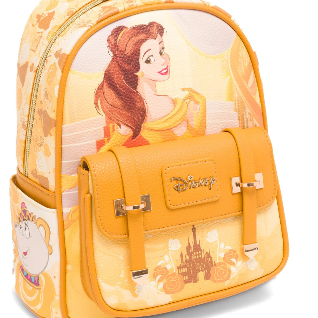 Disney Beauty and the Beast Yellow Belle Vegan Leather Mini Backpack for Women - Fashionable Small Purse for Cosplay, Theme Parks & Daily Use