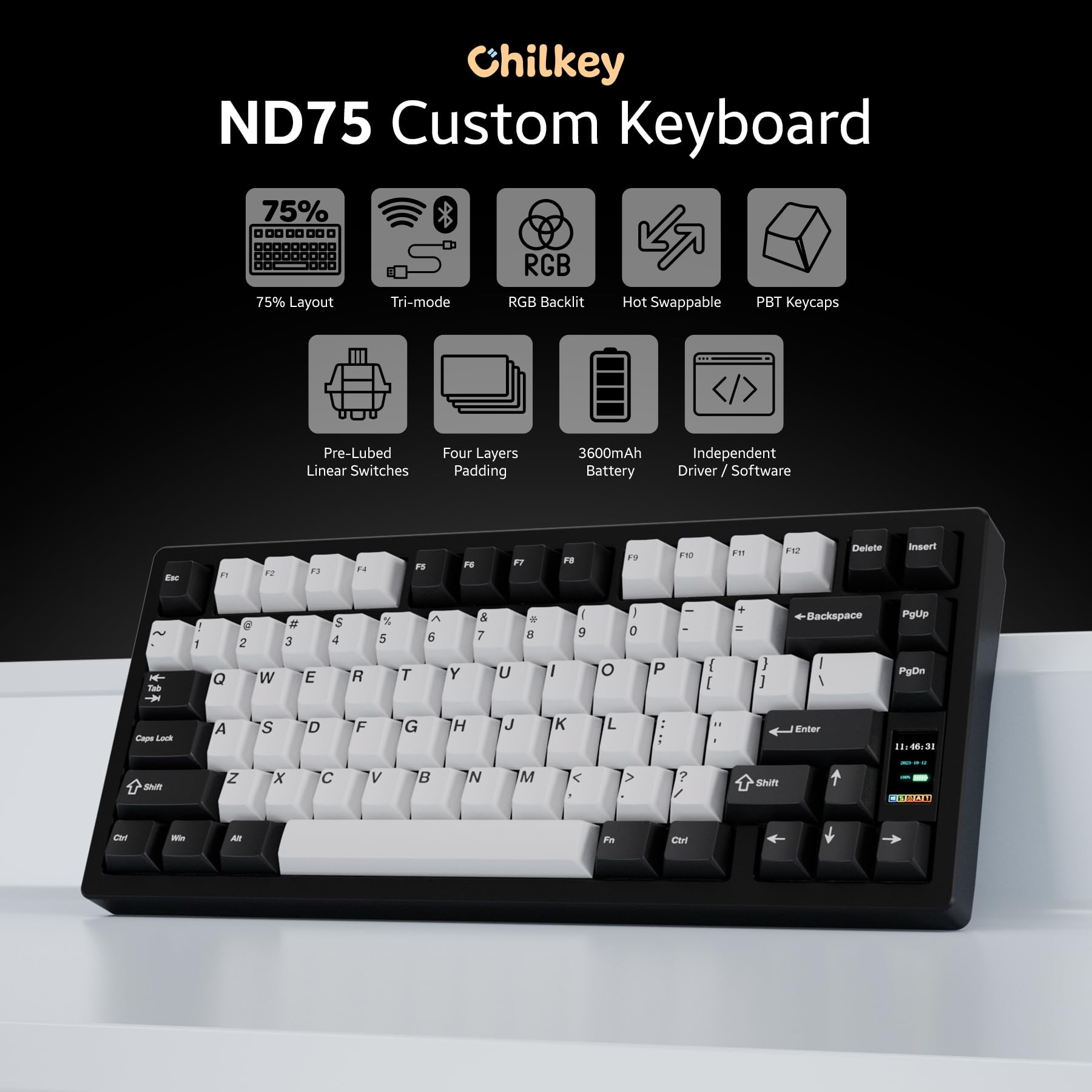 Chilkey ND75 75% Wireless Mechanical Gaming Keyboard - Aluminum Frame, Hot-Swappable RGB Backlit, BT/2.4G/USB-C Connectivity, Customizable Screen for PC/Laptop - Perfect for Office Work, Gaming & Programming