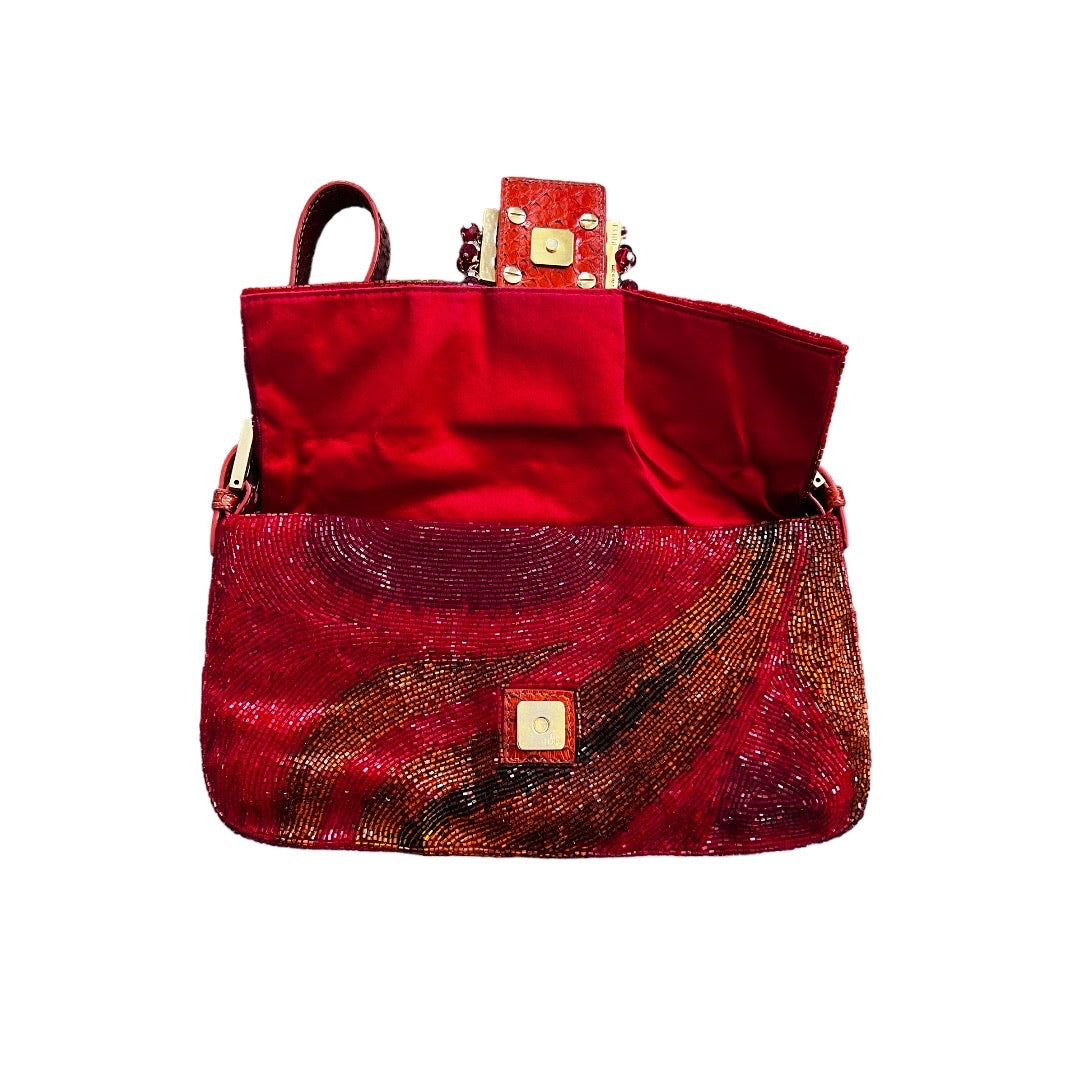 Luxury Fendi Red Beaded Baguette Bag with Crystal Charms - Perfect for Evening Parties, Weddings & Special Occasions