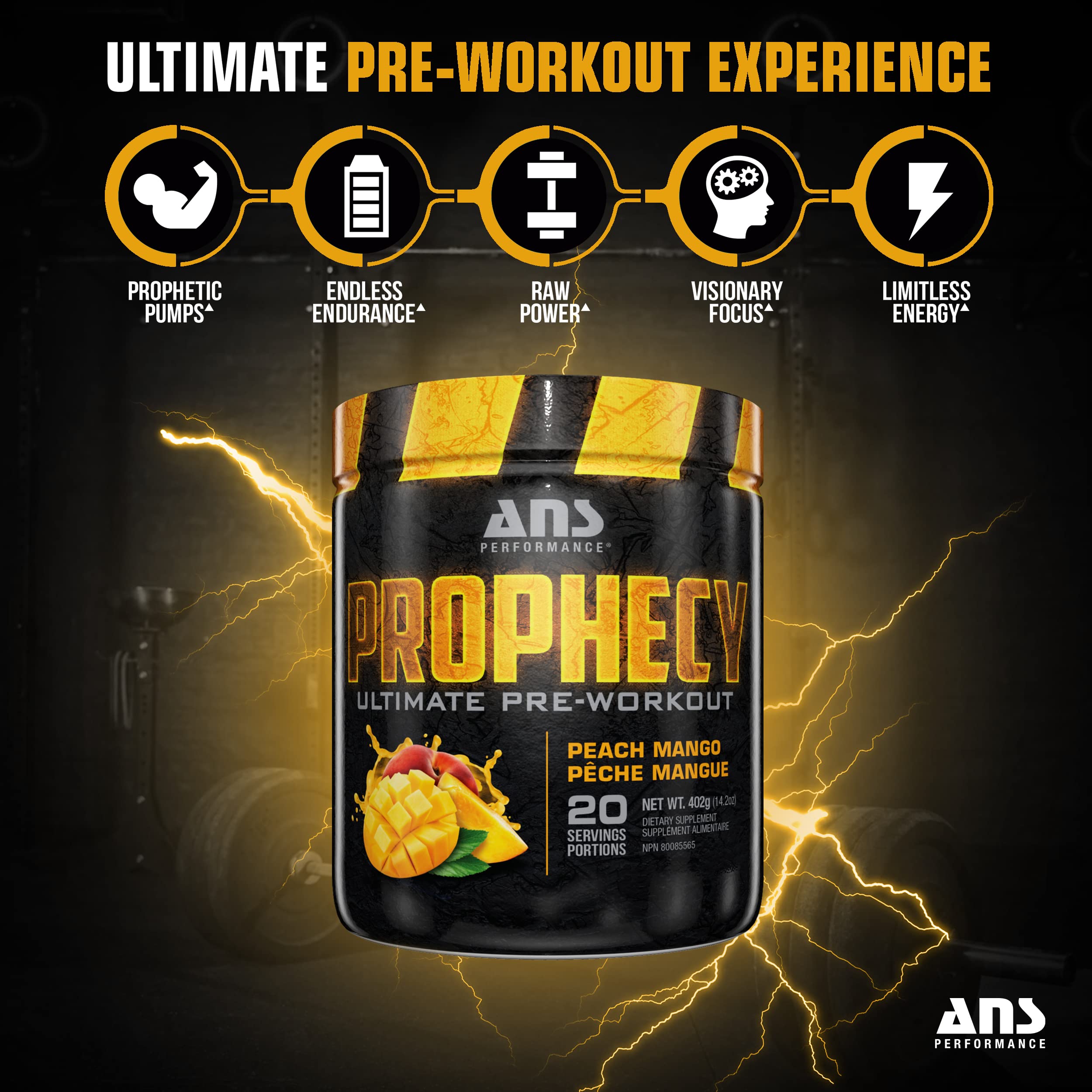 Prophecy Pre Workout Powder - Gluten Free Energy Booster for Strength & Endurance (20 Servings, 14.5 oz) | Sugar Free Formula with Peach Mango Flavor | Ideal for Gym, CrossFit & High-Intensity Training