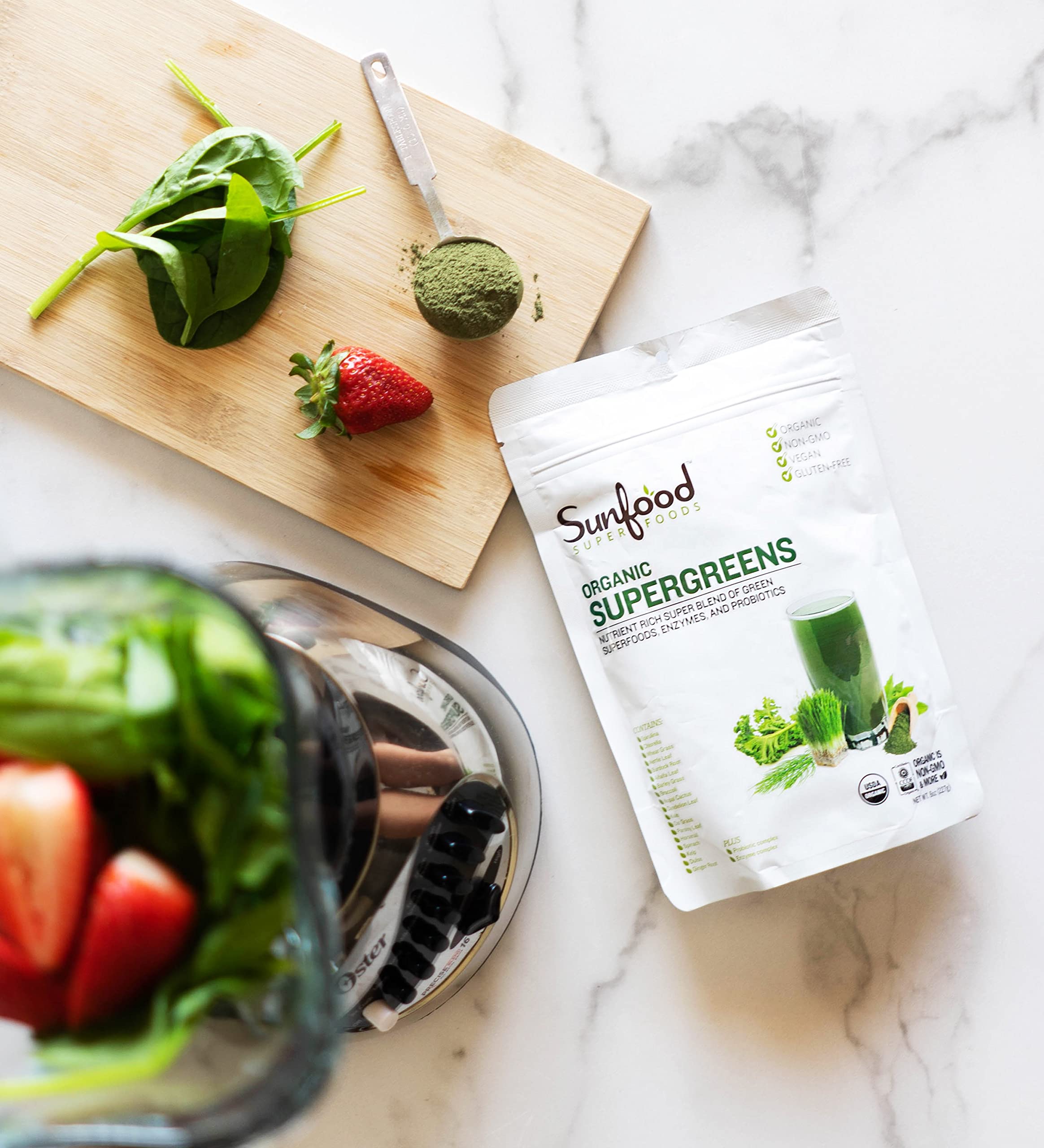 Organic Super Greens Powder by Sunfood - Gut Health Booster with Chlorella & Spirulina | Daily Green Juice & Smoothie Mix | Vegan Superfood Supplement for Detox & Energy (8 oz) - Perfect for Post-Workout Recovery & Morning Wellness Routine