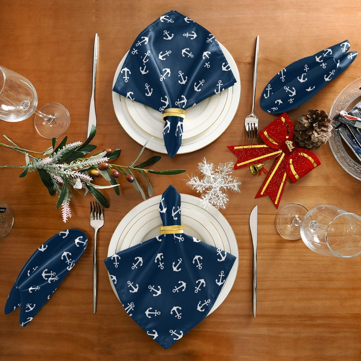 Chic Nautical Anchor Design Polyester Cloth Napkins - Set of 1 (20x20 Inches) Soft & Absorbent Dinner Napkins for Family Dining, Restaurants, Weddings & Parties - Navy Blue | Perfect for Beach-Themed Events, Summer BBQs & Coastal Home Decor
