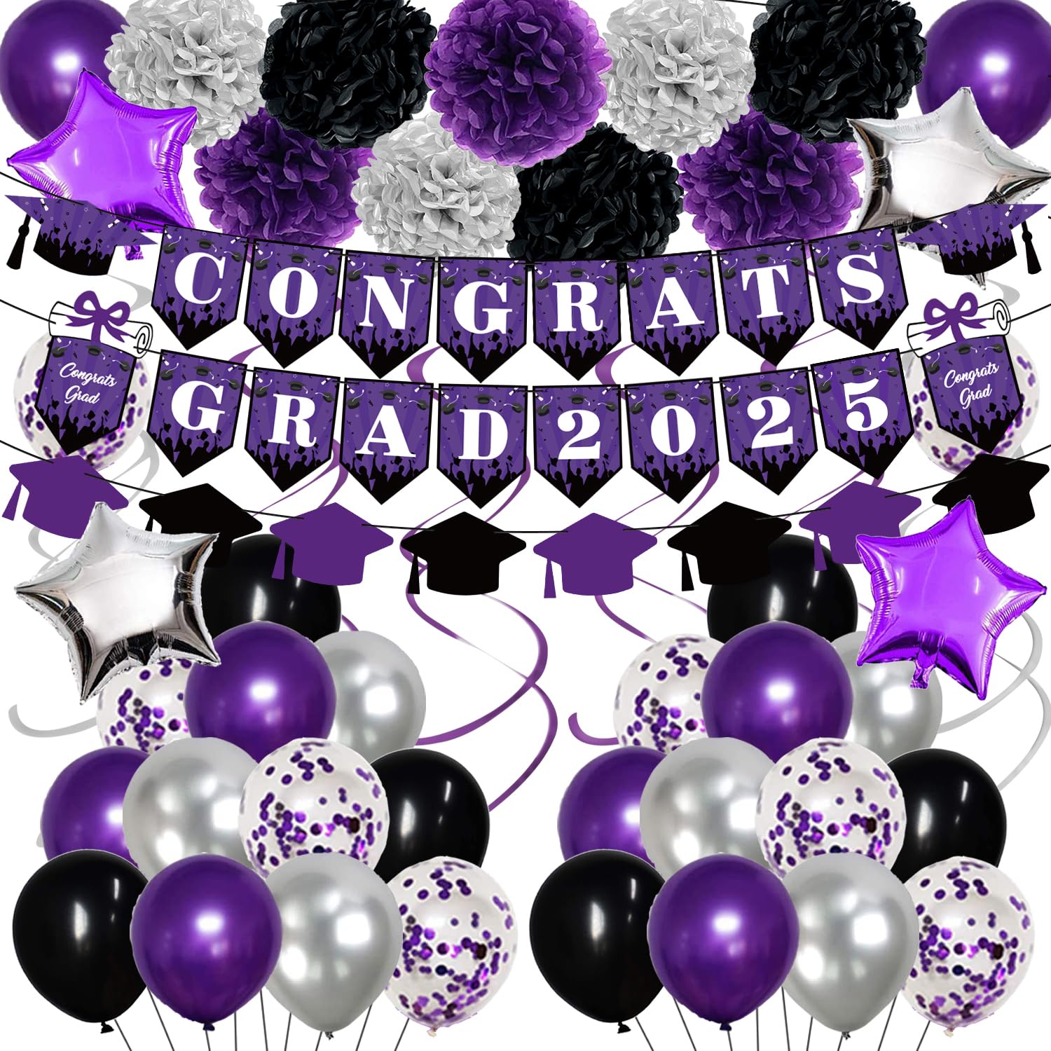 2025 Graduation Party Decorations - Purple, Black & Silver Congrats Grad Banner, Paper Pompoms, Hanging Swirls, Star Foil Balloons & Confetti Balloons for College & High School Graduation Celebrations - Perfect for Graduation Ceremonies, Parties & Photo Backdrops