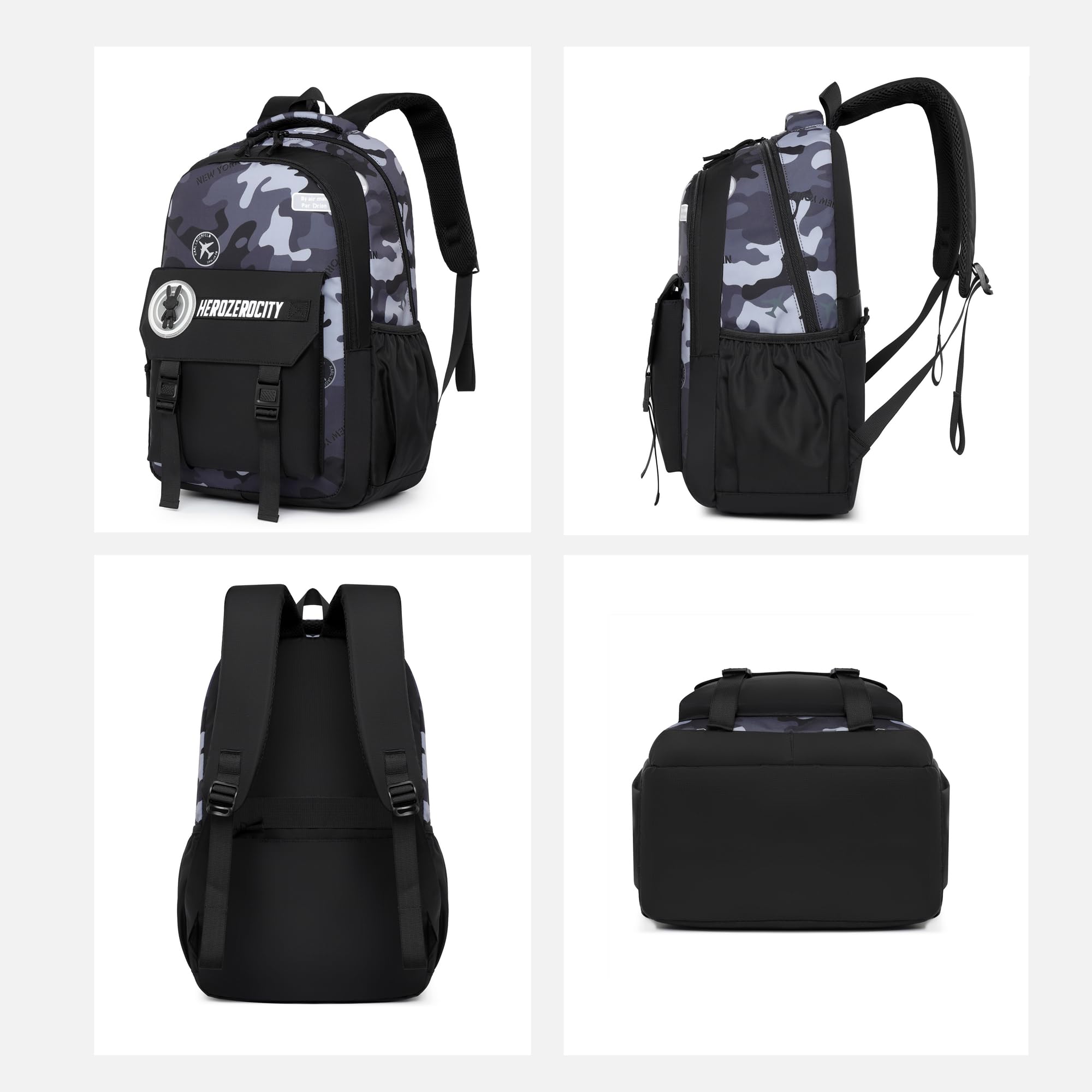 MITOWERMI Camouflage Backpack for Boys - Lightweight School Backpack for Kids, Durable Elementary Bookbag for Travel & Daily Use - Black Military Style Backpack for School, Hiking & Outdoor Adventures