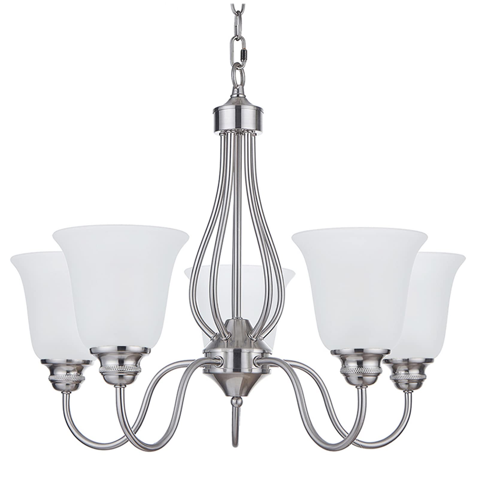 5-Light Brushed Nickel Chandelier - Classic Frosted Glass Ceiling Light Fixture for Dining Room, Living Room, Meeting Room & Corridor - LED Compatible (Bulbs Not Included) - Perfect for Home Decor, Wedding Venues & Restaurant Lighting