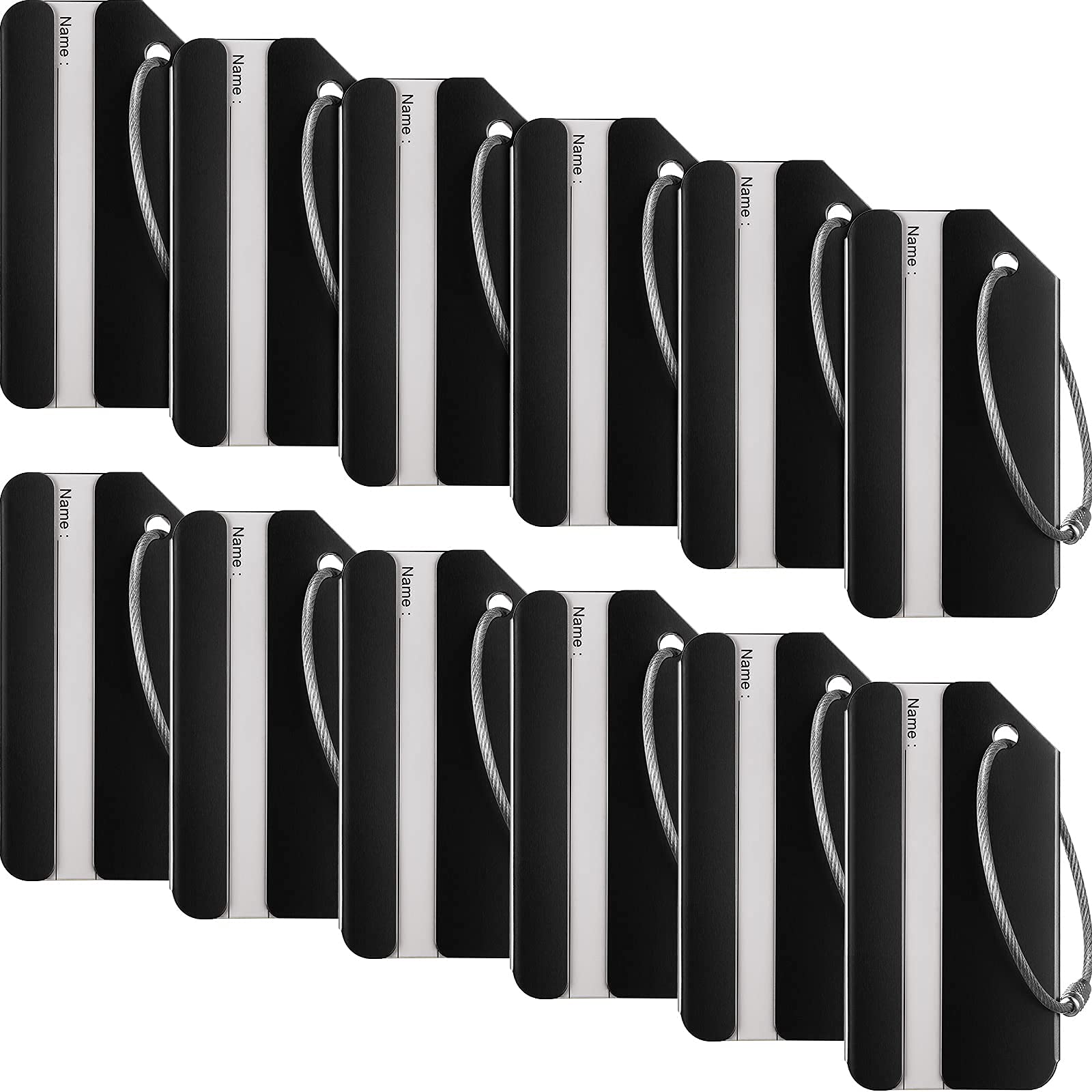 12 Pack Aluminum Metal Luggage Tags with Business Card Holder - Durable Travel ID Bag Tags for Suitcases, Backpacks & Carry-Ons - Perfect for Airports, Cruises & Business Trips (Black)