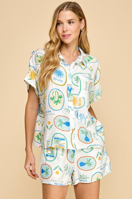 Vacation Print Short Sleeve Button Up Shirt for Men - Casual Hawaiian Style Beachwear for Summer Travel & Outdoor Adventures