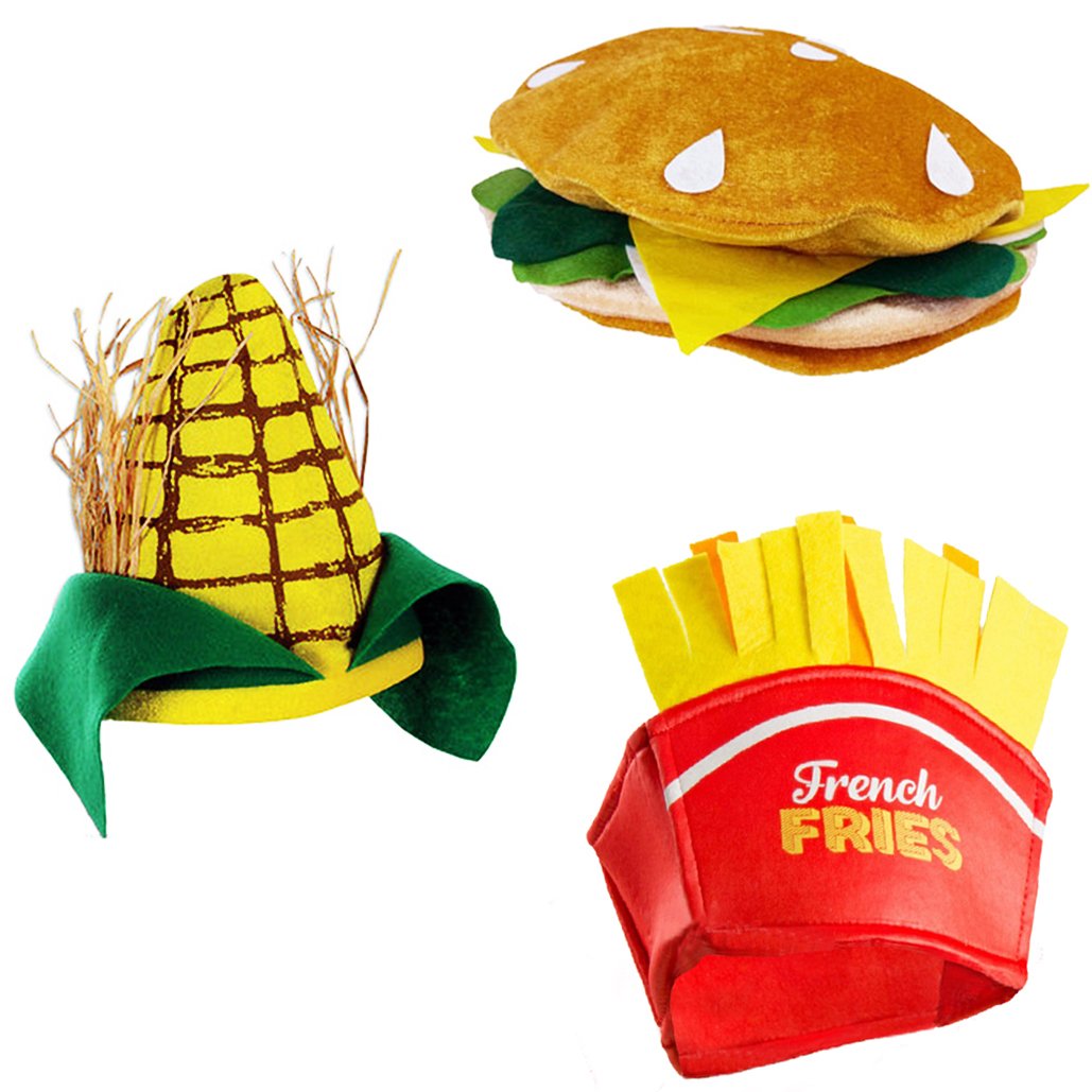 Tigerdoe Fast Food Costume Hats 3-Pack - Burger Hat, Fries Hat & Corn on the Cob Hat - Fun Food-Themed Party Accessories for Halloween, Cosplay, and Themed Events