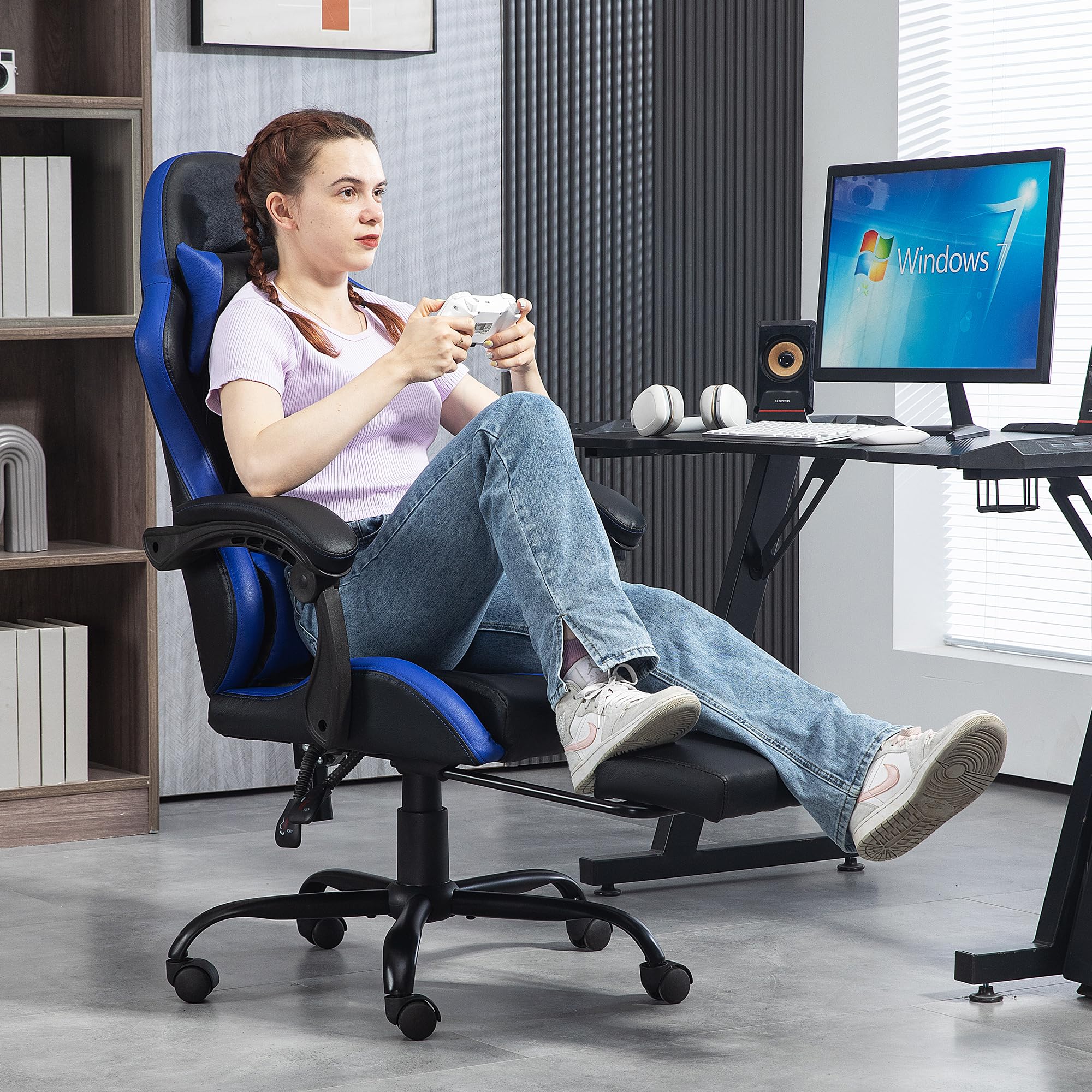 Ergonomic Massage Gaming Chair with Adjustable Footrest & Lumbar Support - PU Leather Office Computer Chair with 360° Swivel & Height Adjustment - Perfect for Home Office, Gaming Setup & Workstation Comfort (Blue)