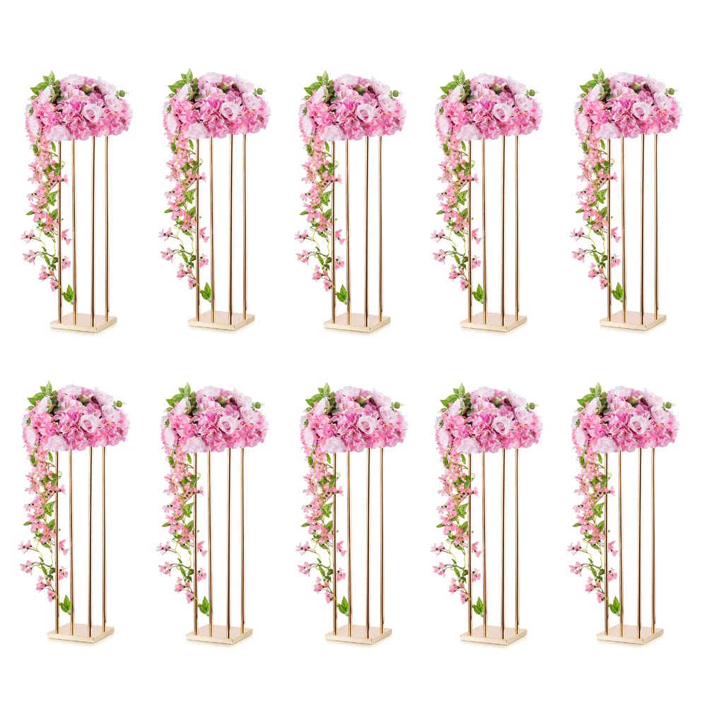 10 Pcs Gold Column Flower Stand - 31.5in Tall Metal Wedding Centerpiece Vases with Geometric Design for Table Decorations, Perfect for Weddings, Birthdays, Events & Home Decor | Elegant Floral Arrangement Displays for Reception Tables and Party Venues