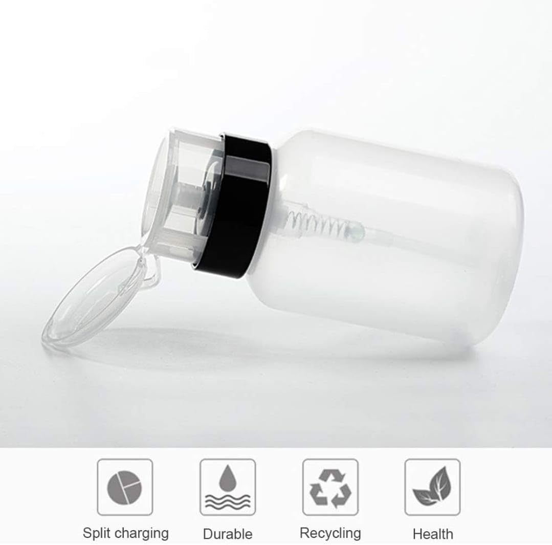 2 Pack Lockable Push Down Pump Dispenser Bottle - 200ml (6.8oz) Empty Refillable Container for Nail Polish, Makeup Remover & Beauty Liquids with Black Top Cap - Perfect for Salon, Travel & Home Organization