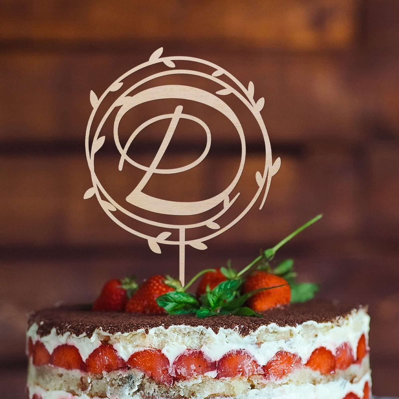 Personalized Wooden Monogram Cake Topper - Letter D Rustic Wedding & Birthday Cake Decoration - Custom Initial Wreath Topper for Wedding Cakes, Birthday Parties & Special Celebrations (Design 05)