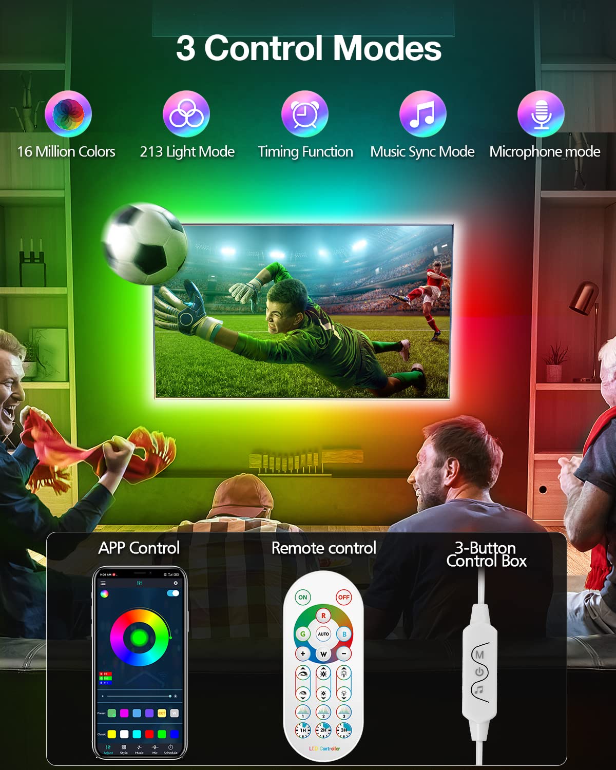 Daymeet 16.4FT RGB LED TV Backlight Strip - Smart Bluetooth App Control with Remote, USB Music Sync, Color Changing Lights for 45-85 Inch TVs - Perfect for Bedroom Ambient Lighting & Home Theater Setup
