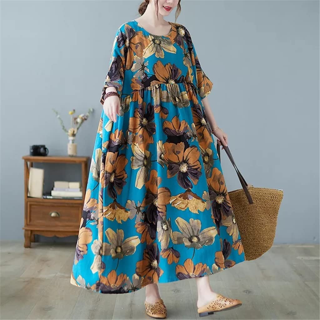 Women's Vintage Floral Print Walnut Oversized Maxi Dress - One Size, Casual Long Summer Dress for Holiday Travel, Beach Outings & Boho Chic Style