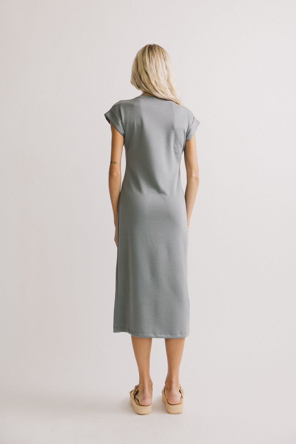 Lauren Tee Shirt Midi Dress in Slate Blue - Women's Casual Short Sleeve T-Shirt Dress for Summer, Beach, and Everyday Wear