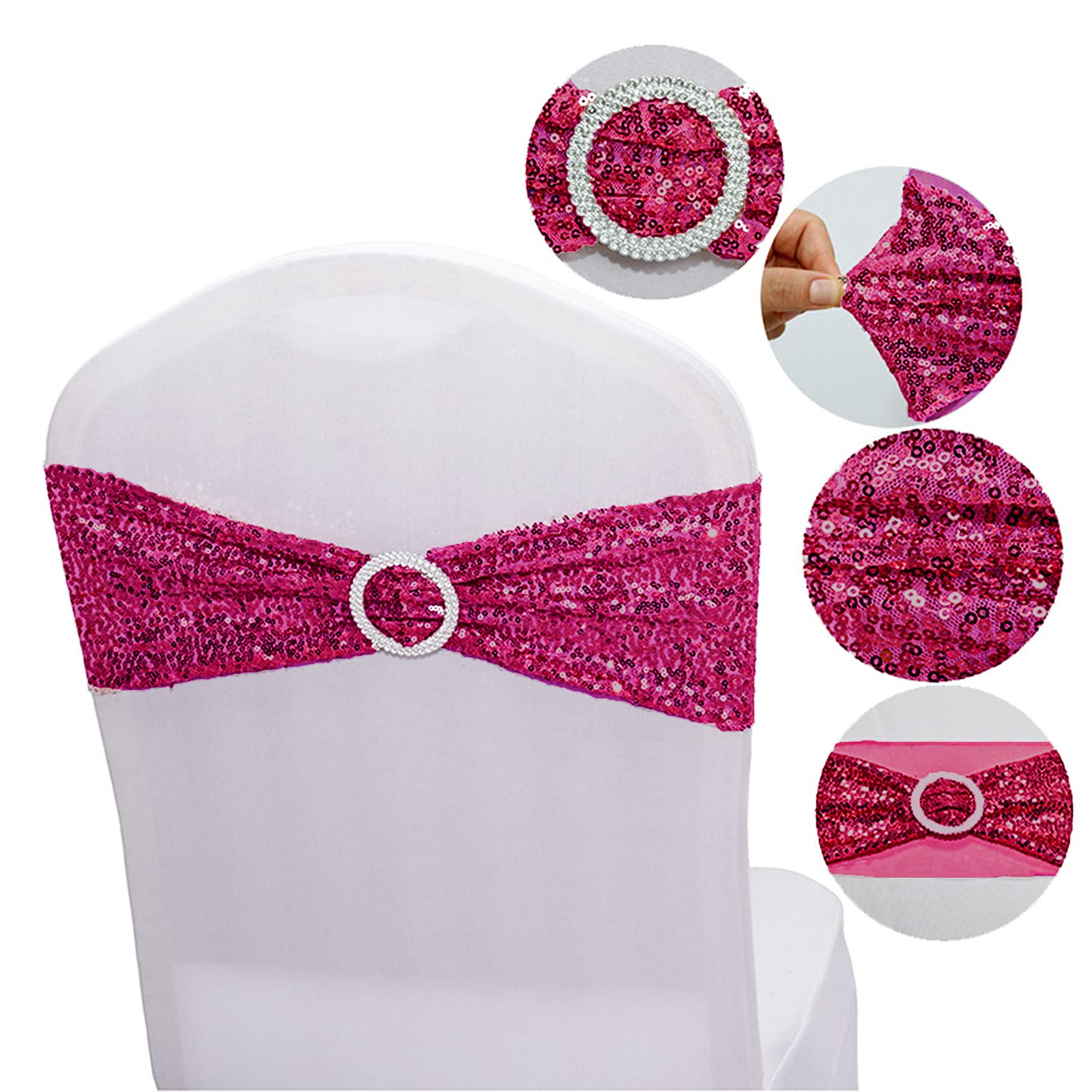 25 PCS Stretch Sequin Chair Sashes - Elastic Spandex Bands for Wedding, Reception, Banquet Chair Decorations (Magenta) - Perfect for Bridal Showers, Birthday Parties & Special Events