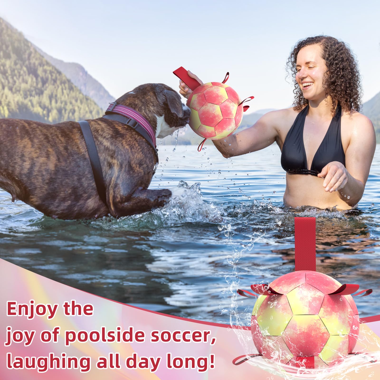 QDAN Colorful Red Dog Soccer Ball Toy - Durable Chew Proof Large Dog Toys for Outdoor Play, Water Fetch & Herding | Puppy Birthday Gift (8 Inch) - Perfect for Beach, Pool, Backyard & Dog Park Activities