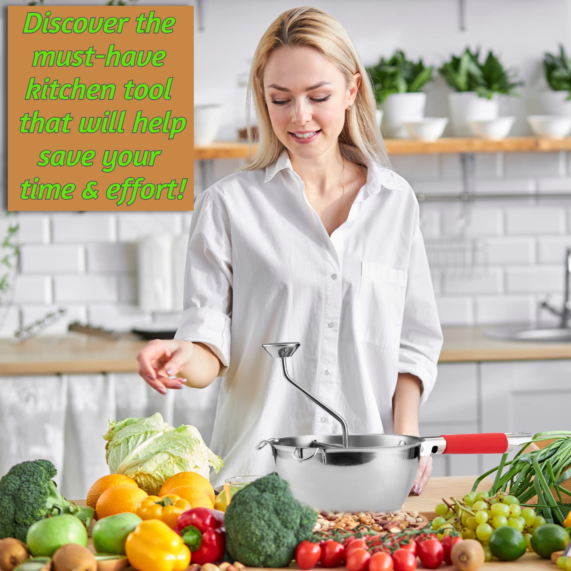 Bezrat Red Food Mill with Bowl - 3 Grinding Discs for Mashing, Straining & Grating - Hand Crank Grain Mill for Potatoes, Fruits & Vegetables - Perfect for Making Mashed Potatoes, Baby Food & Purees - Ideal for Home Cooking, Canning & Meal Prep