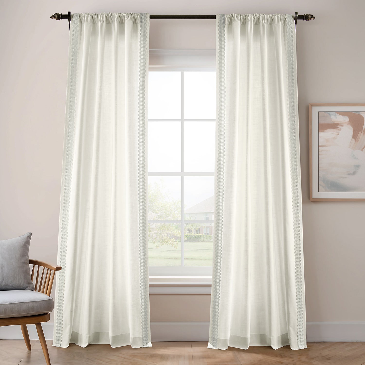 Maidstone White Bordered Modern Hampton Textured Cotton Light Filtering Curtains for Living Room & Bedroom - Soft Sheer Window Drapes with Elegant Texture for Home Decor