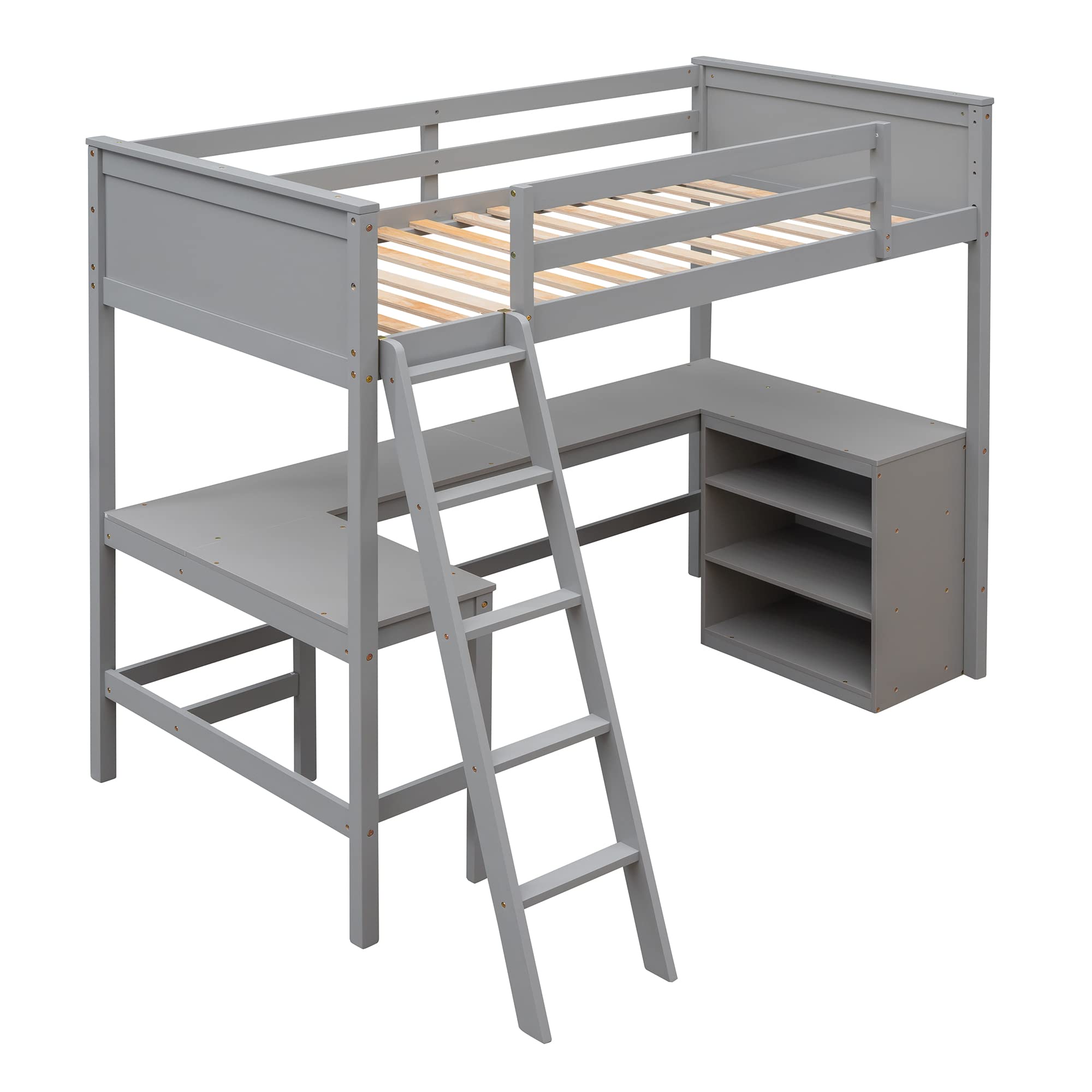 SOFTSEA Twin Loft Bed with Built-in Desk & Storage Shelves - Sturdy Wooden Bunk Bed Frame for Kids, Teens, Boys & Girls - Space-Saving Dorm Furniture in Modern Gray - Perfect for Small Bedrooms, Studio Apartments & College Dorms