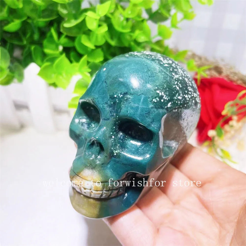 Natural Gem Marine Agate Carved Skull Statue - Handcrafted Home & Office Decor, Unique Halloween Gift & Spiritual Collection - Perfect for Meditation Spaces, Gothic Decor & Witchy Altars