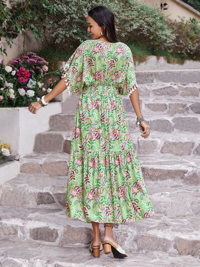 Boho Midi Dress with Tassel Sleeves - Flowy Beach Resort Dress for Women, Perfect for Vacation, Summer Parties & Tropical Getaways